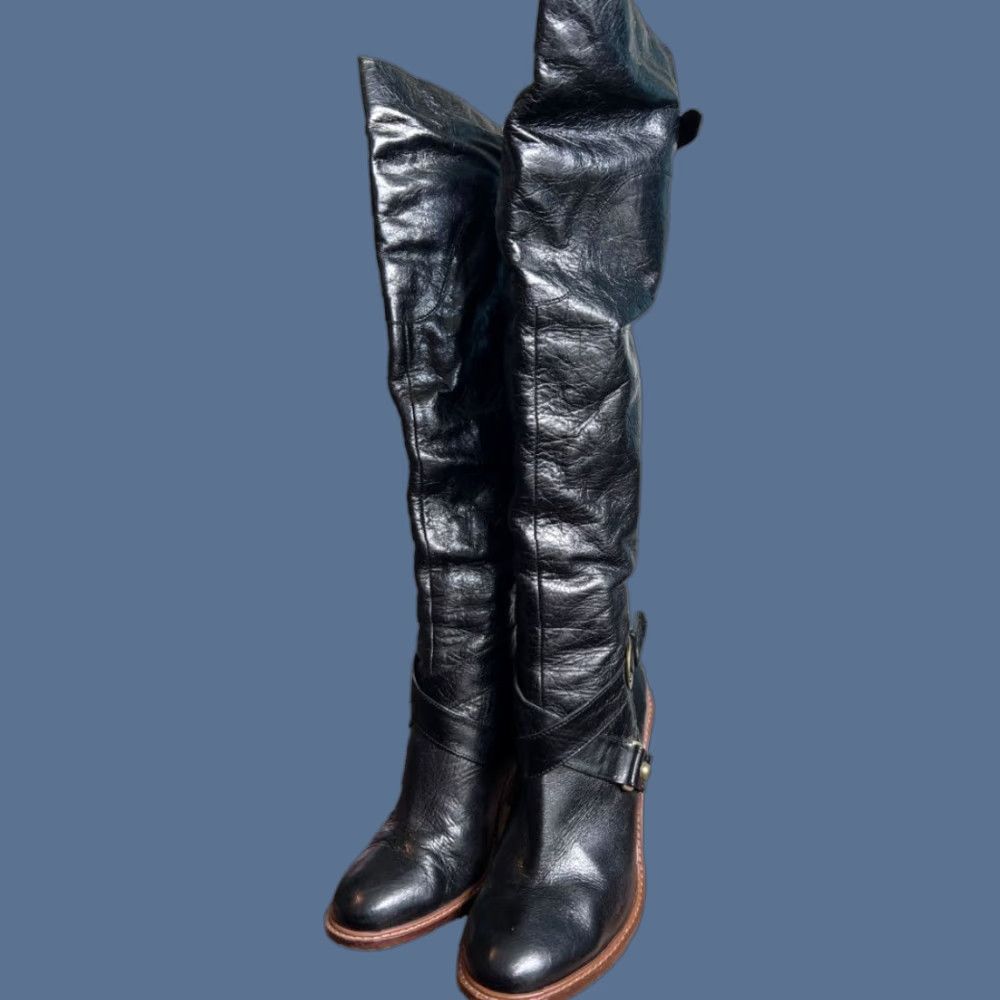 Vintage Boutique Women's Charissa Black Leather Over the Knee Buckle Heeled Boot Size 8M Size US 8 / IT 38 - 1 Thumbnail