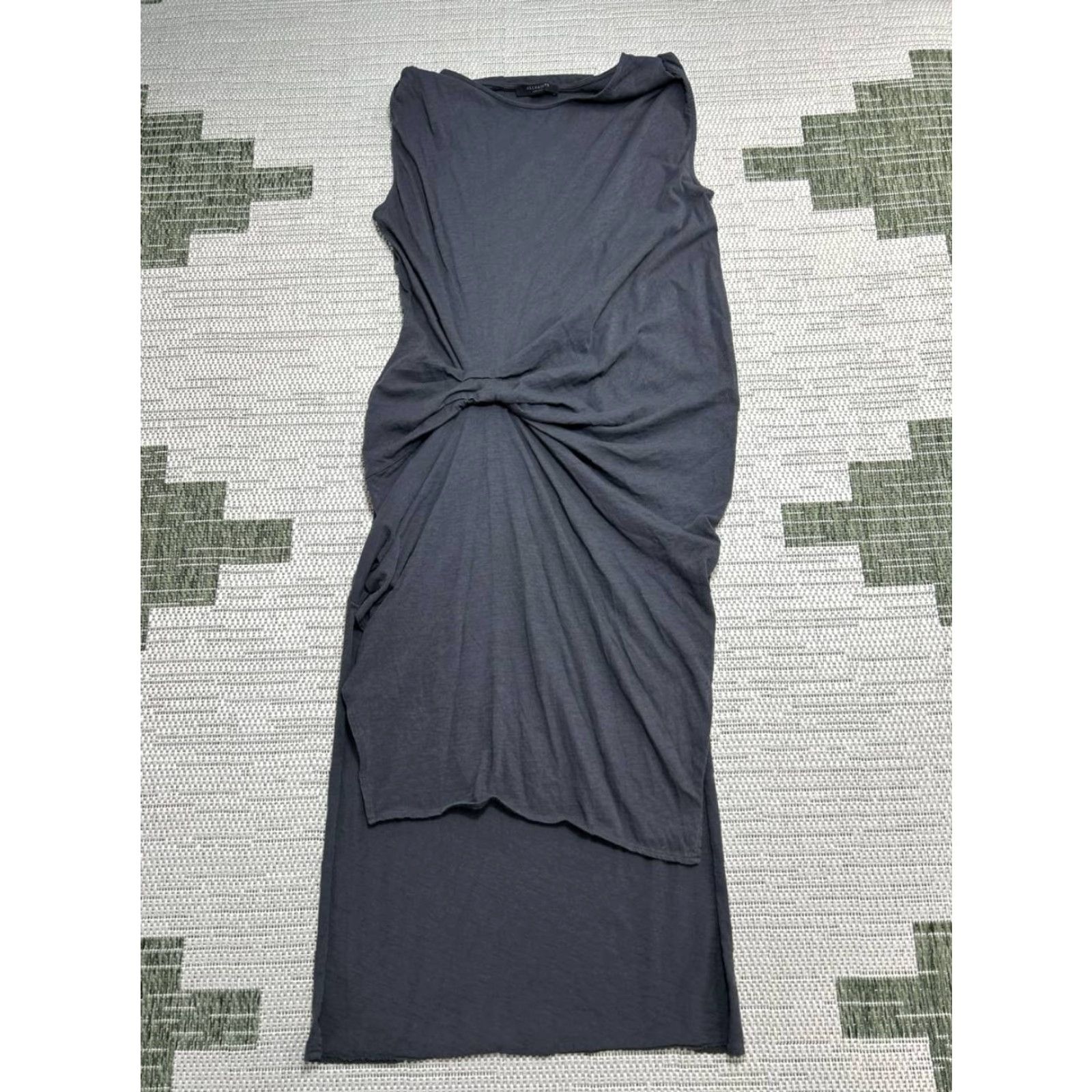 Allsaints Riviera Devo Gathered Jersey Dress Womens Medium Gray Asymmetrical Hem Maxi Fashion