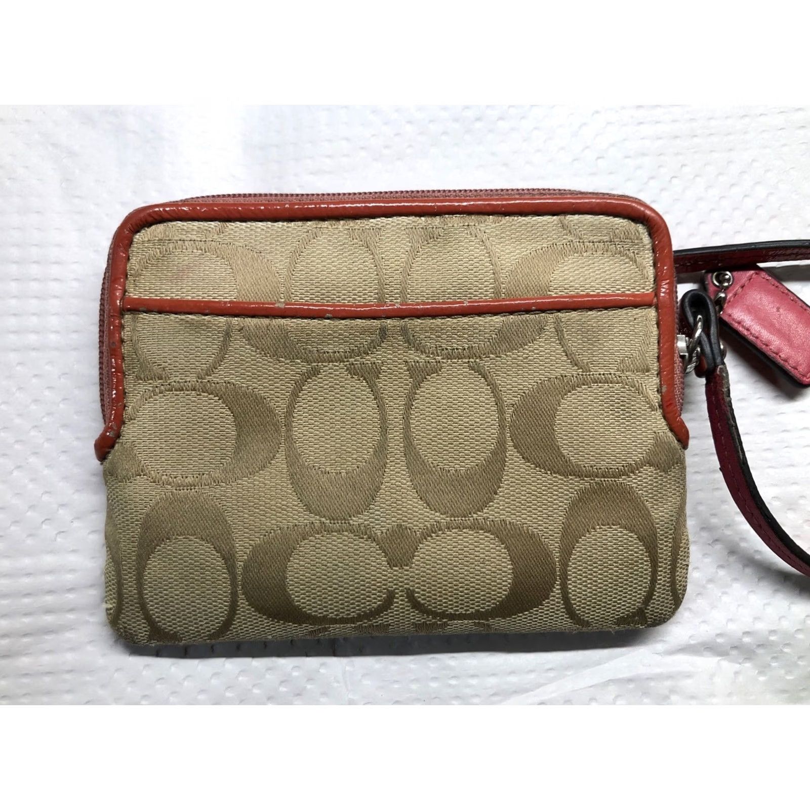 Coach VINTAGE Coach Wristlet Small Beige Signature Canvas Pink Accent Flower Clutch Wallet Women's Accessories Designer Size ONE SIZE - 3 Thumbnail