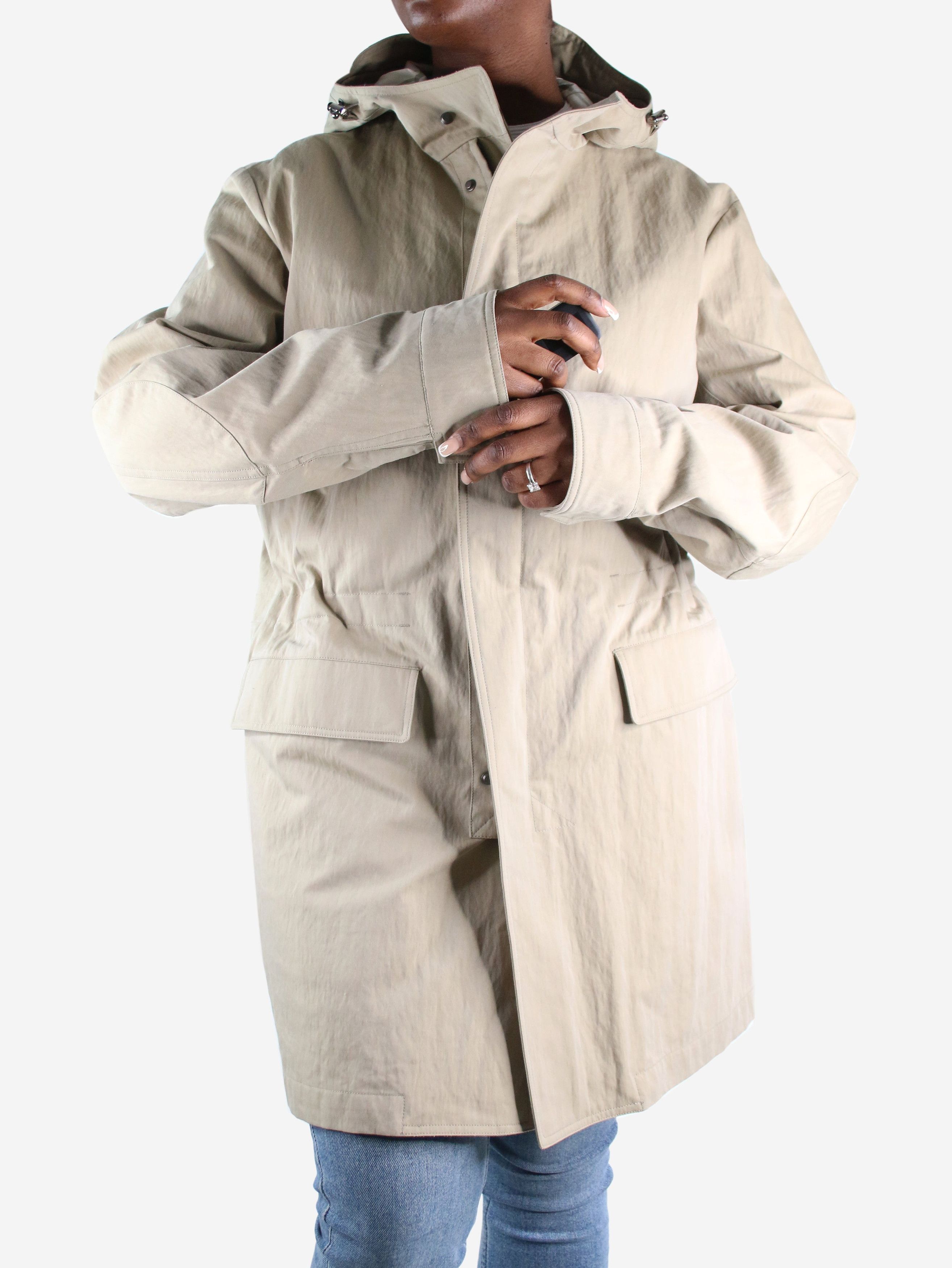 image of Loro Piana Neutral Zip-Up Hooded Rain Jacket - Size L, Women's