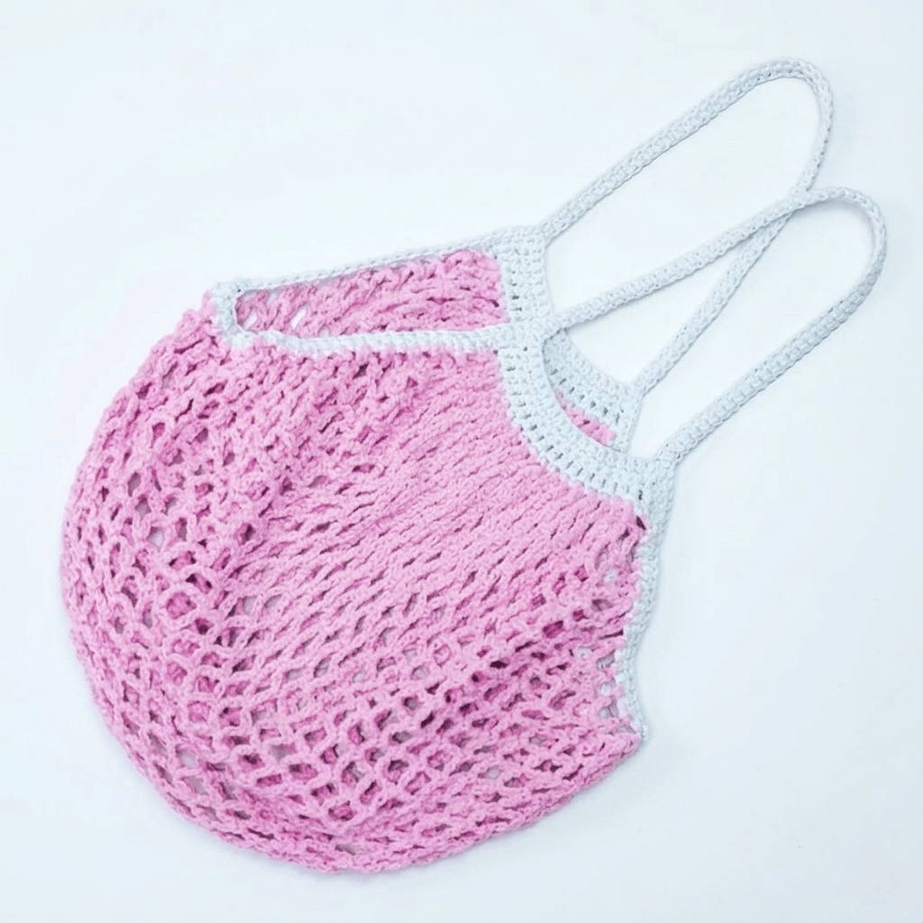 Handmade Market Bag Pink 100% Cotton Crochet French Farmers Net groc Size ONE SIZE - 7 Thumbnail