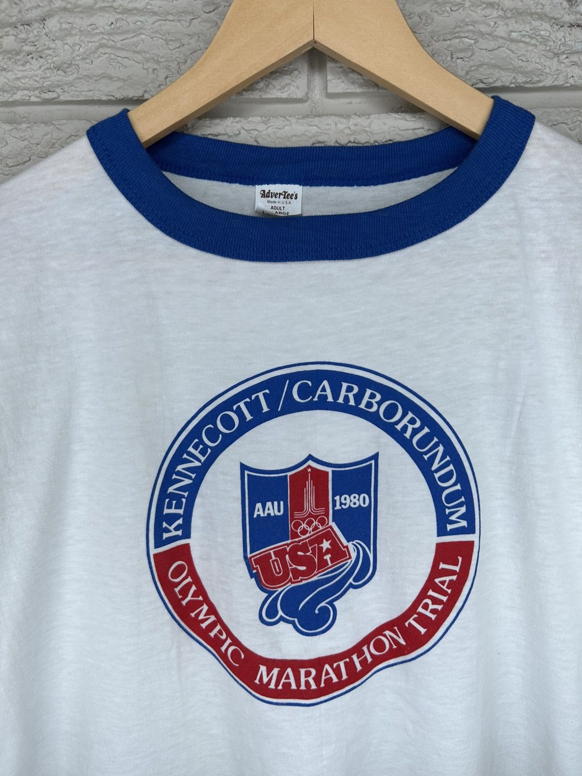Vintage Vintage 80s USA Olympic Marathon Trial Thin Ringer T Shirt Size US L / EU 52-54 / 3 - 4 Thumbnail