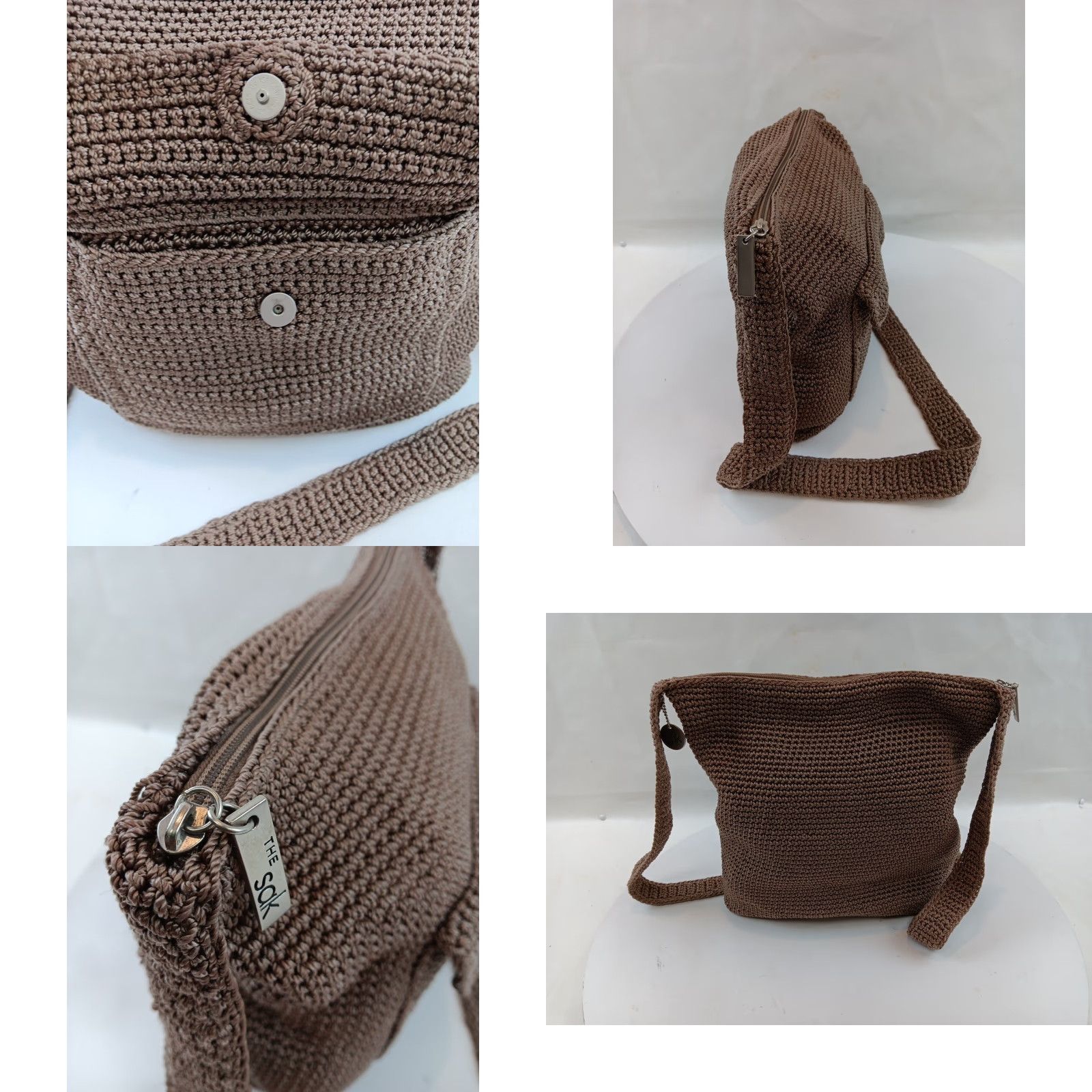 The Sak The Sak Crochet Crossbody Bag Dark Beige Top Zipper Exterior Pocket Charm Size L / US 10 / IT 46 - 8 Thumbnail