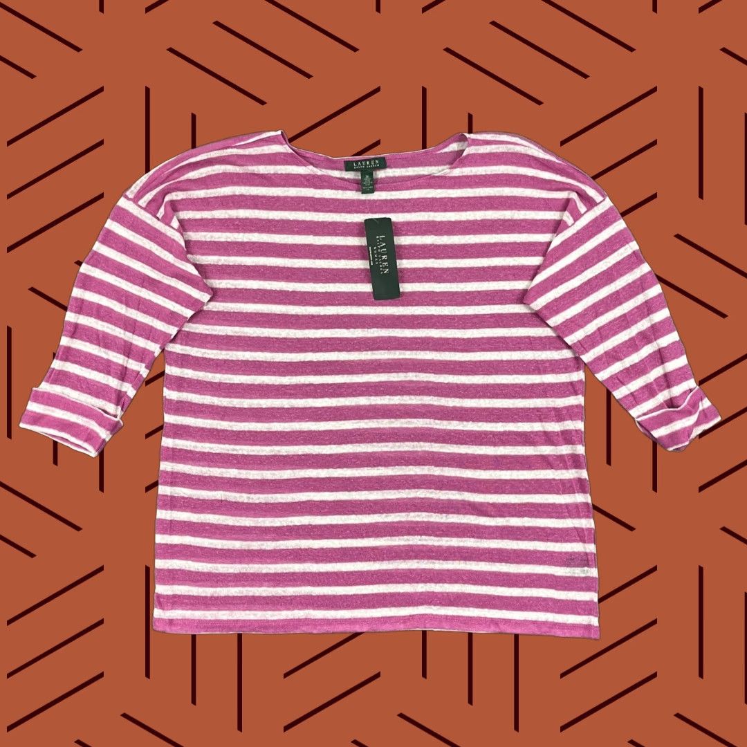 Lauren Ralph Lauren Blouse Womens 2X Pink Striped Linen Crew Pullover