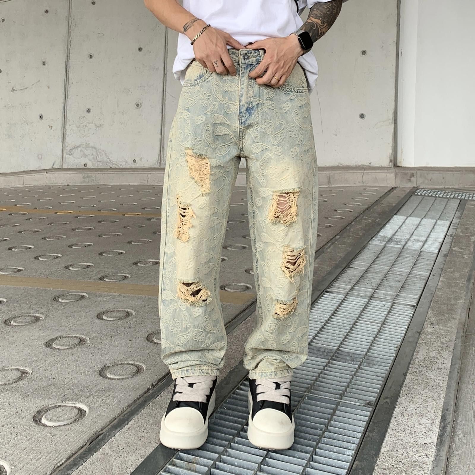 Japanese Brand Distressed Paisley Ripped Straight Jeans Size US 32 / EU 48 - 3 Thumbnail