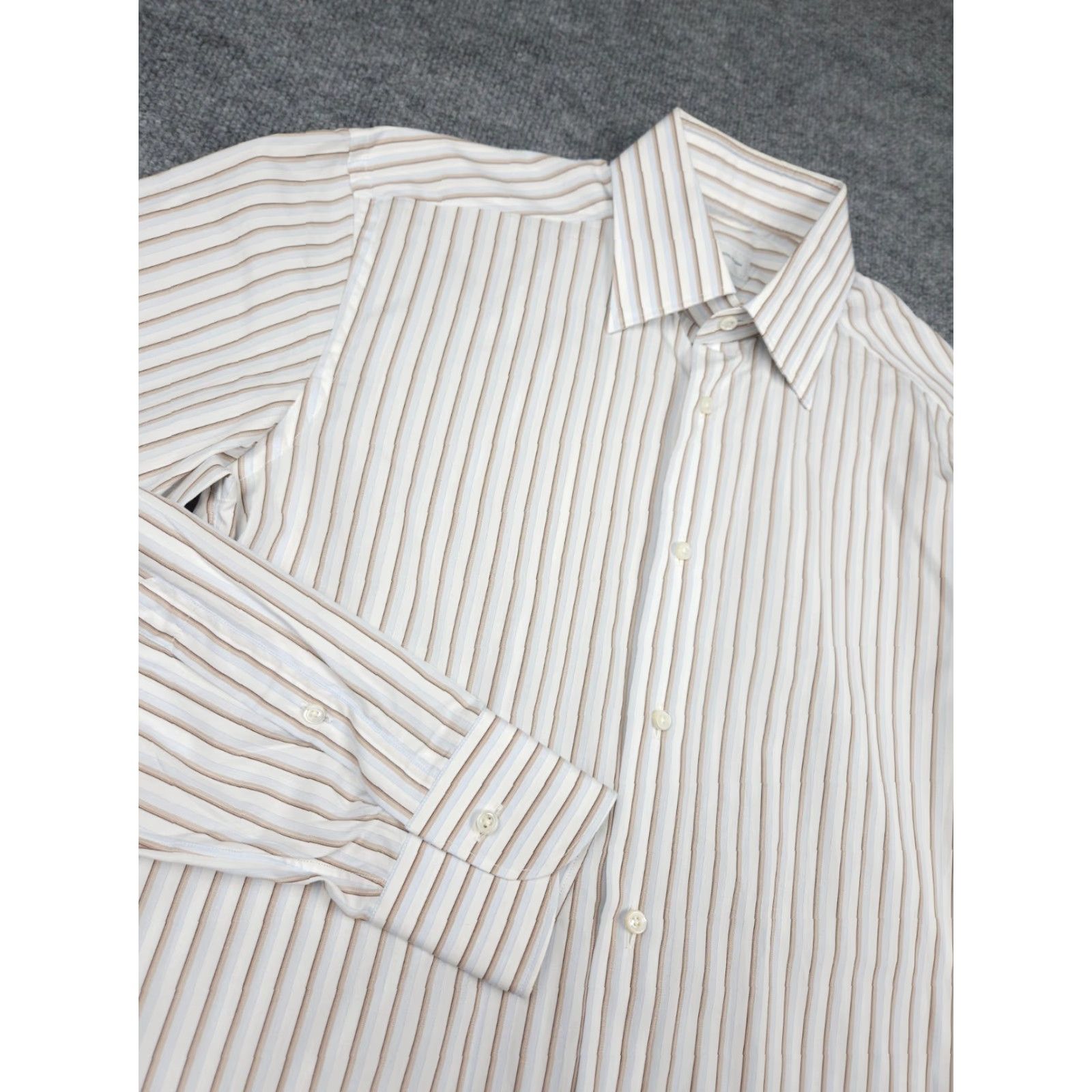 Ermenegildo Zegna Ermenegildo Zegna Dress Shirt Mens 43" Chest Striped White Beige Cotton Size 40R - 3 Thumbnail