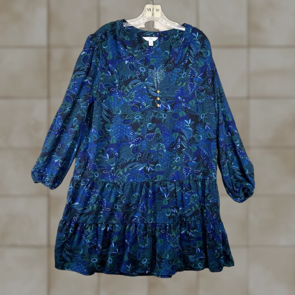 Vintage Women’s Deep Blue Green Botanical Large Dress Balloon Sleeve Metal Buttons Flowy Size L / US 10 / IT 46 - 1 Thumbnail