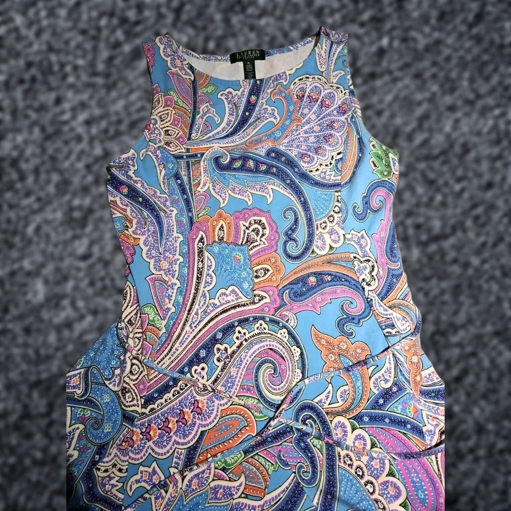 Ralph Lauren Ralph Lauren Dress Womens Petite Large Blue Tie Waist Paisley Knit Multicolor Size L / US 10 / IT 46 - 1 Thumbnail