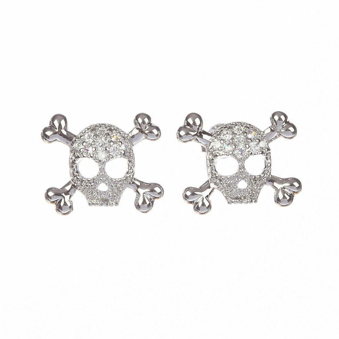 Designer Sterling Silver Skull and Cross Bones Cubic Zirconia Earring Size ONE SIZE - 1 Thumbnail