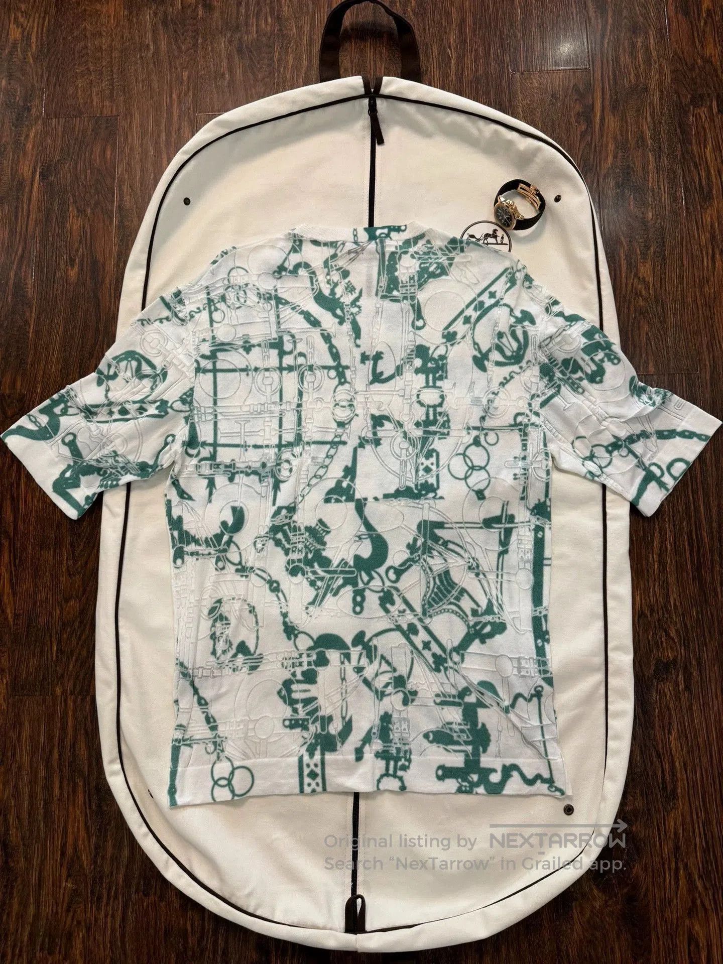 Hermes White Short-Sleeve Shirt with Green Abstract Print. Size US L / EU 52-54 / 3 - 5 Thumbnail
