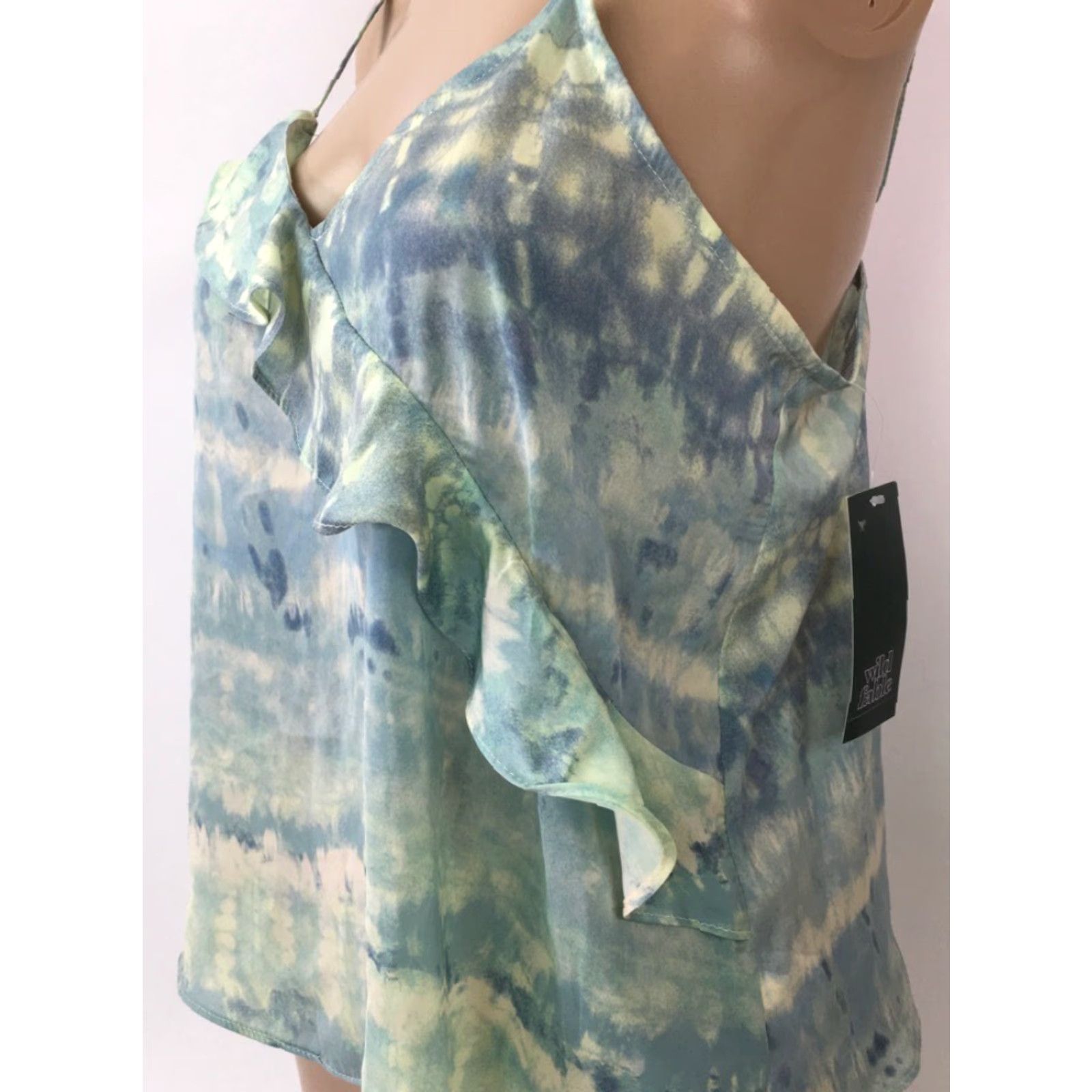 Vintage Wild Fable Blouse Blue Beige Tie Dye Ruffles Spaghetti Strap V Neck S New Women Shirt Size S / US 4 / IT 40 - 2 Thumbnail