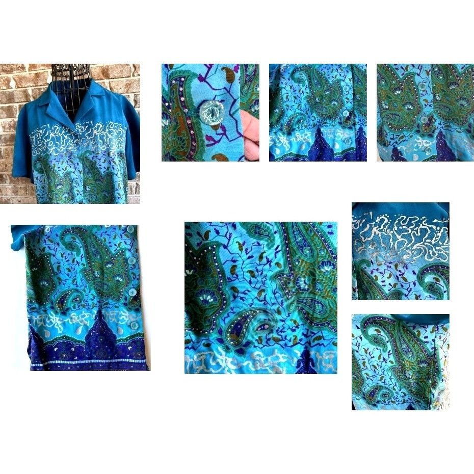 Designer × Vintage VTG Russell Scott Signature Blouse 12 Teal Metallic Silve Size XL / US 12-14 / IT 48-50 - 3 Thumbnail
