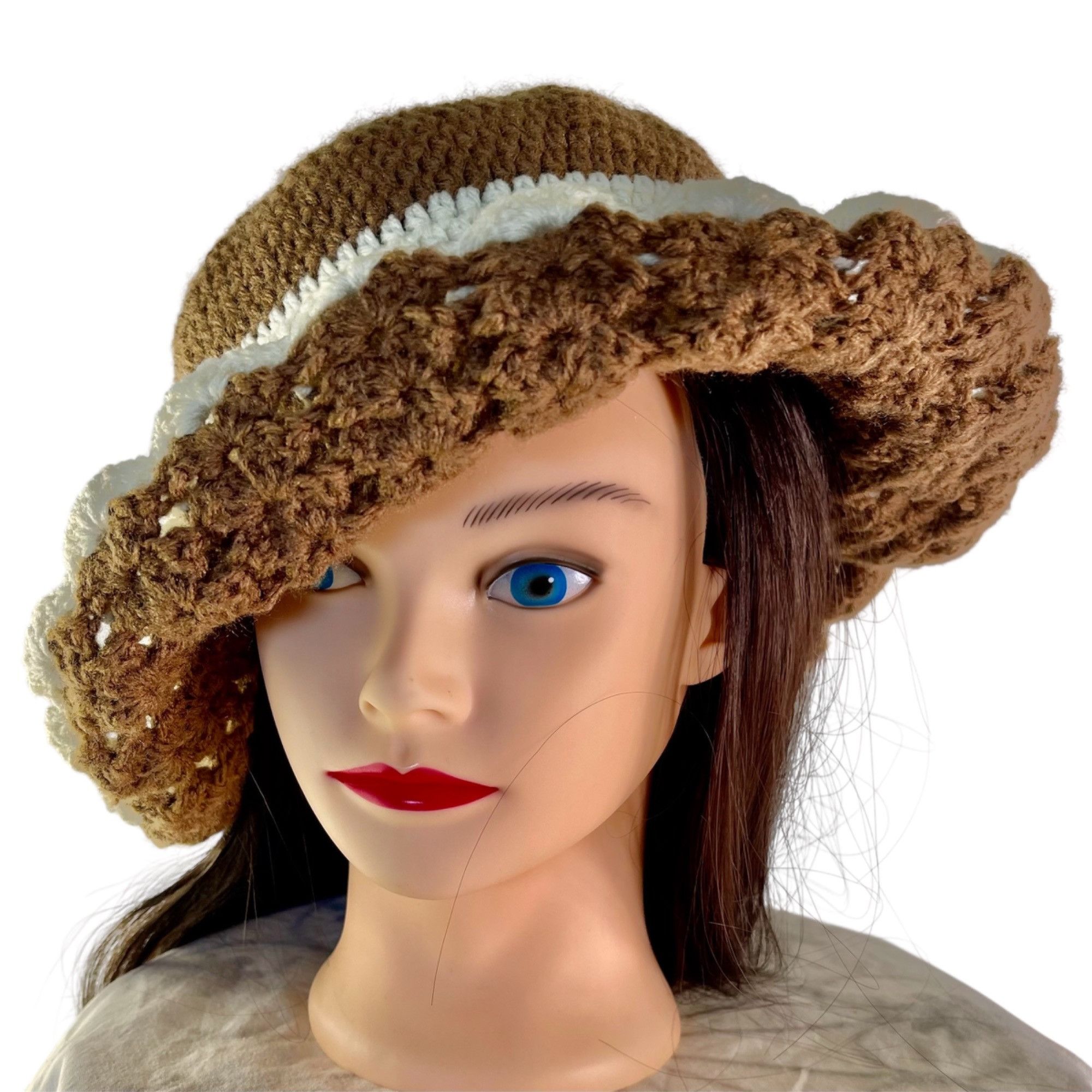 Handmade Crochet Bucket Hat Retro Cloche Style Brown and Cream Handma Size ONE SIZE - 4 Thumbnail
