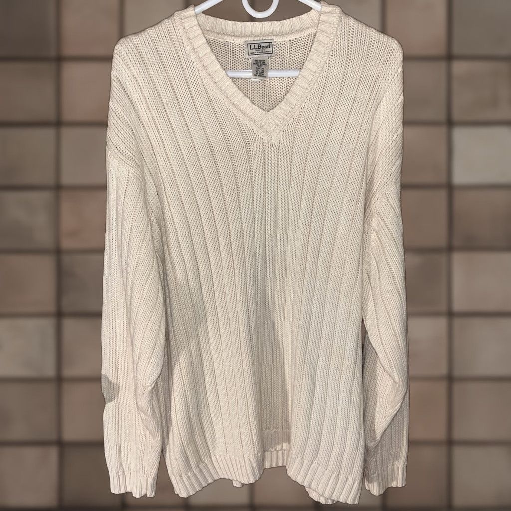 Vintage VINTAGE L.L. Bean Cable-Knit Sweater Mens XL White V-Neck Cotton Casual Outdoor Holiday Size US XL / EU 56 / 4 - 1 Thumbnail