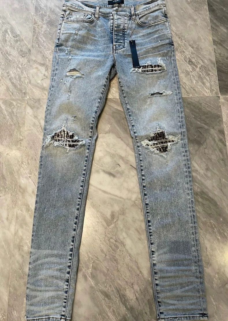 Amiri Amiri snow leopard print spliced blue denim pants Size US 30 / EU 46 - 1 Thumbnail