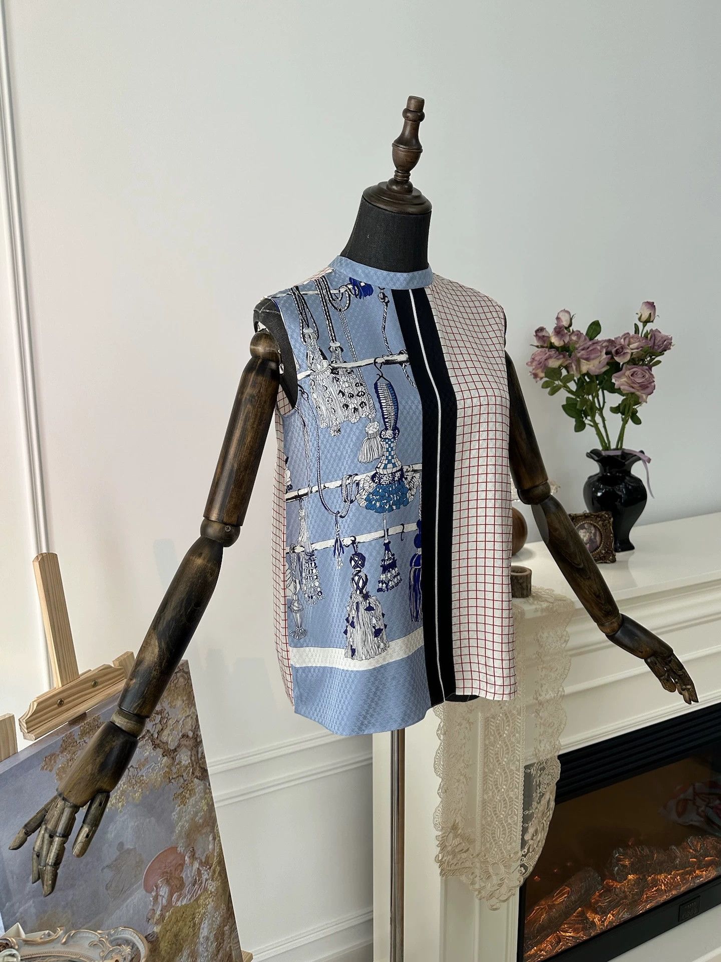 Hermes HERMES Womens Sleeveless Blue/White Silk Top Size S / US 4 / IT 40 - 8 Thumbnail