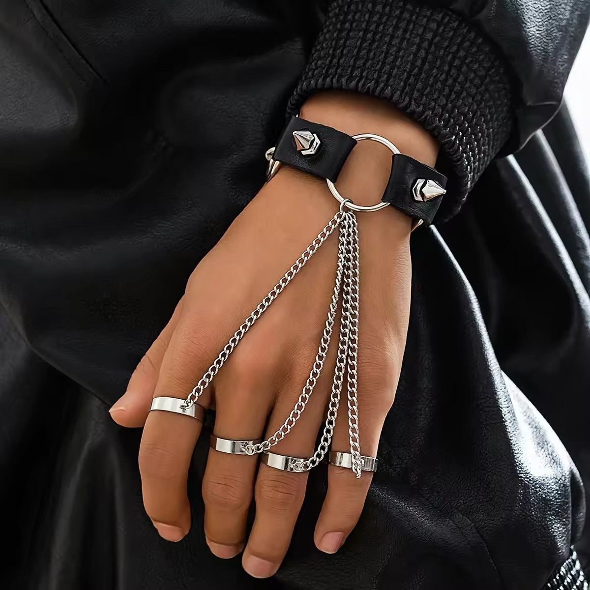 Jewelry Multi Gothic Rivet Black PU Leather Link Chain Size ONE SIZE - 2 Thumbnail