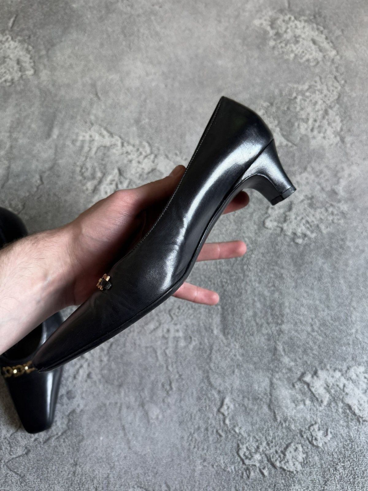 Salvatore Ferragamo Salvatore Ferragamo black leather short heels 👠 gold detail Size US 6 / IT 36 - 16 Thumbnail