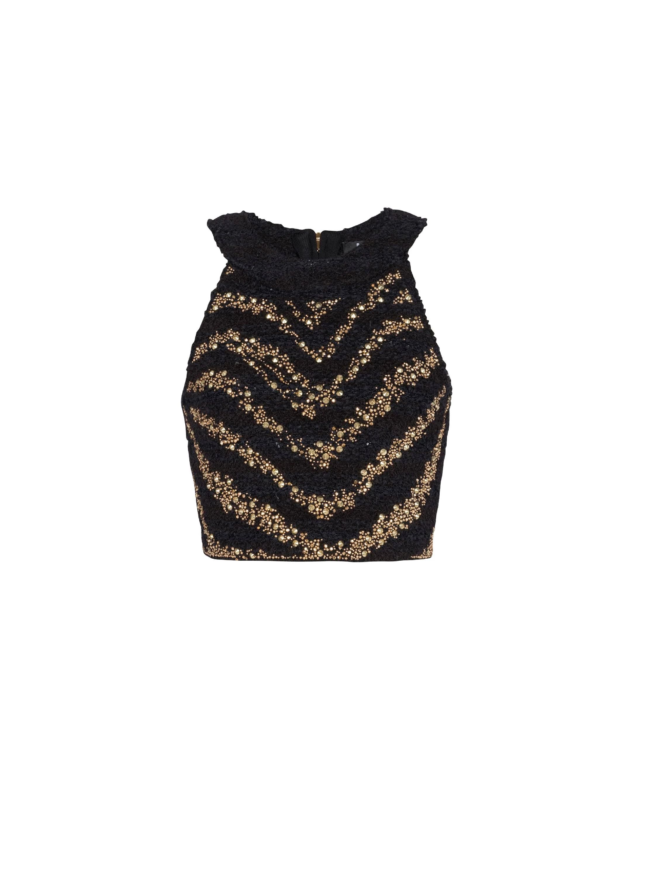 image of Balmain O1Srvl11E0524 Zebra Tweed Crop Top In Black Gold, Women's (Size Small)