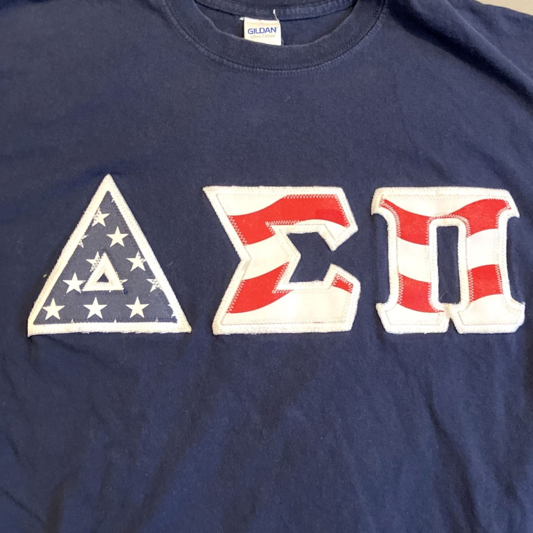 Gildan DSP - Delta Sigma Pi - SEWN USA - American Flag Letters T Shirt - Men’s Large T-Shirt Blue USA Graphic Tee Men Size US L / EU 52-54 / 3 - 2 Thumbnail