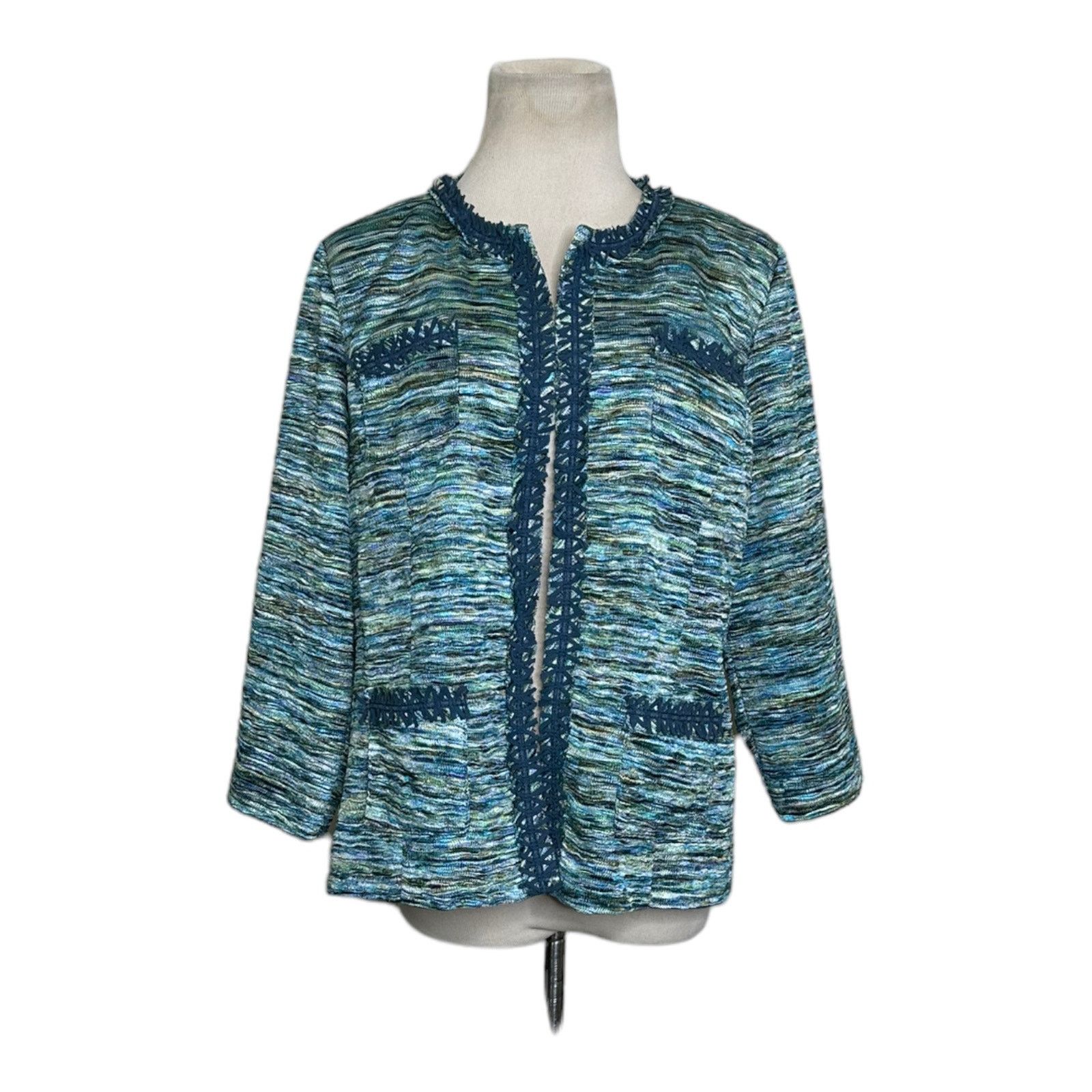 Chicos Chico's Green Tweet Pockets Fringe Trim Blazer Jacket size M Size M / US 6-8 / IT 42-44 - 7 Thumbnail