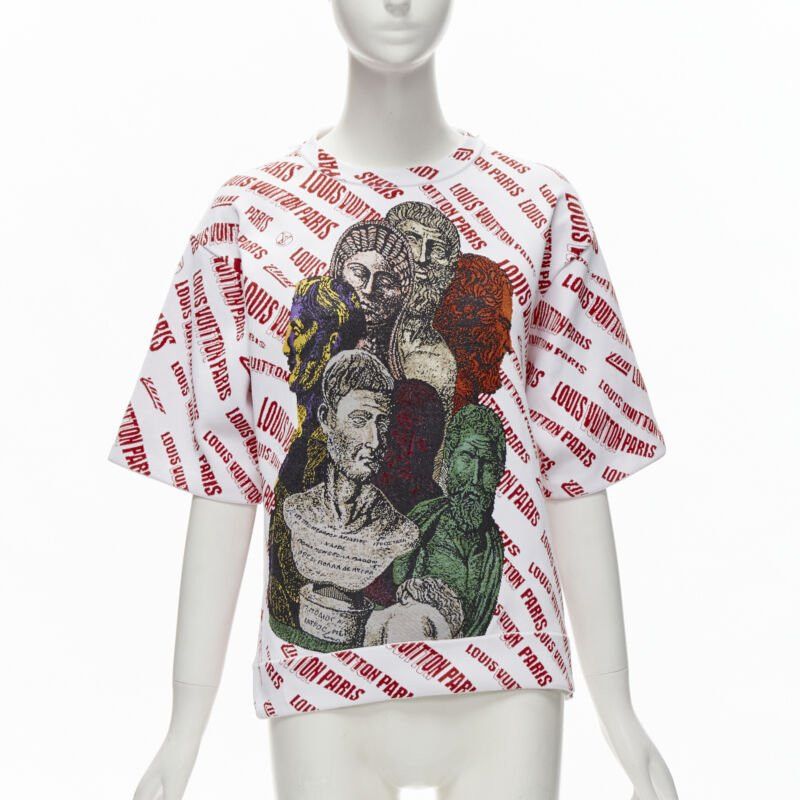 LOUIS VUITTON FORNASETTI 2021 Statue white red logo jacquard boxy knit top S