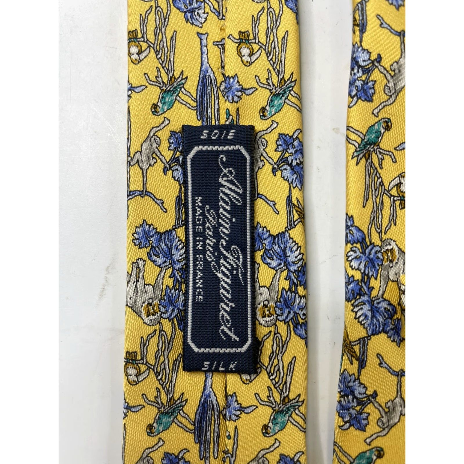 Figaret Alain Figaret Paris Luxury Silk Tie Multicolor Animal Print Monkey Cheetah Parrots Toucans Yellow Blue Classic 57"-60" Adults Mens Tie Size ONE SIZE - 3 Thumbnail
