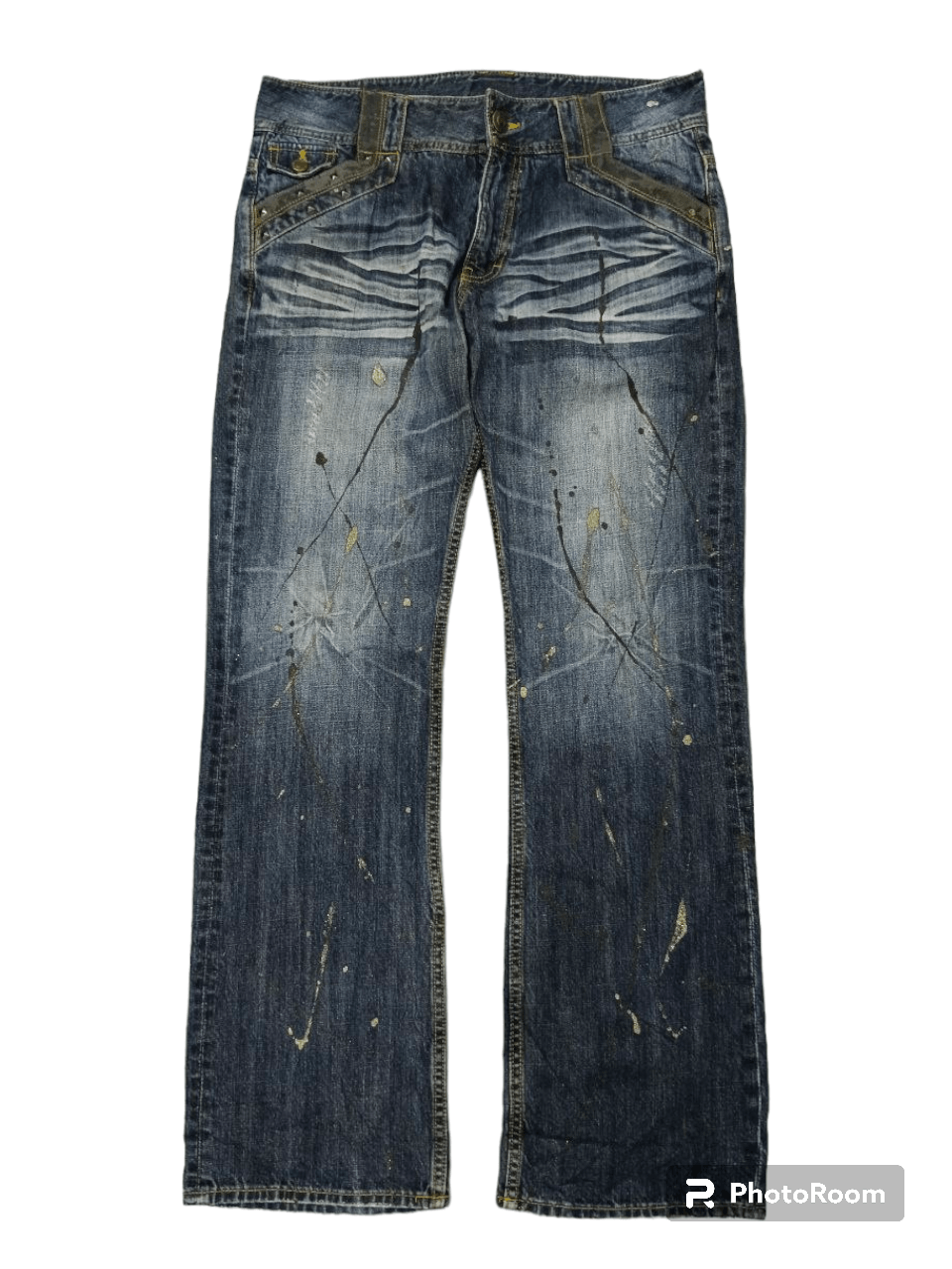 image of Distressed Denim x If Six Was Nine Flare Splatter Washed Unbranded Denim Pants in Blue Distressed (