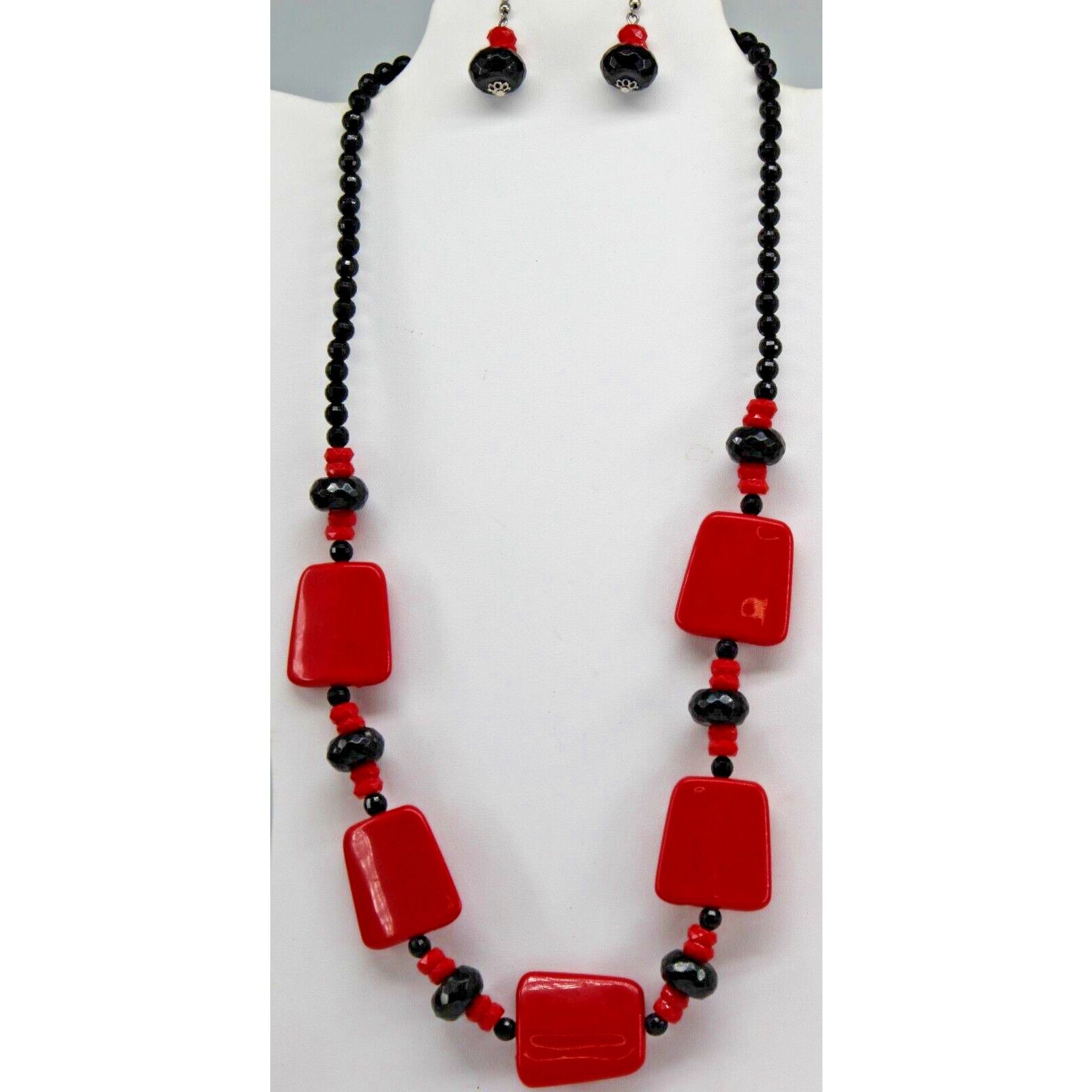 Other Vintage Red & Black Plastic Necklace Earring Set 24" Long Size ONE SIZE - 2 Thumbnail