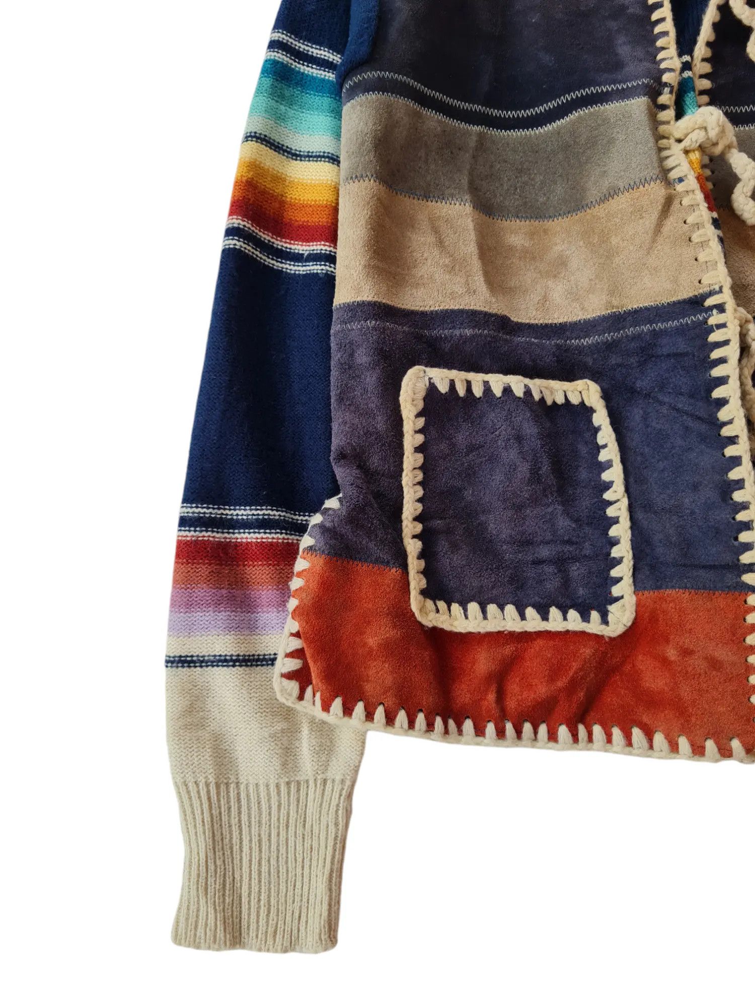 Vintage KNIT & SUEDE STRIPED TEXTILE PATCHWORK CARDIGAN Size US M / EU 48-50 / 2 - 5 Thumbnail