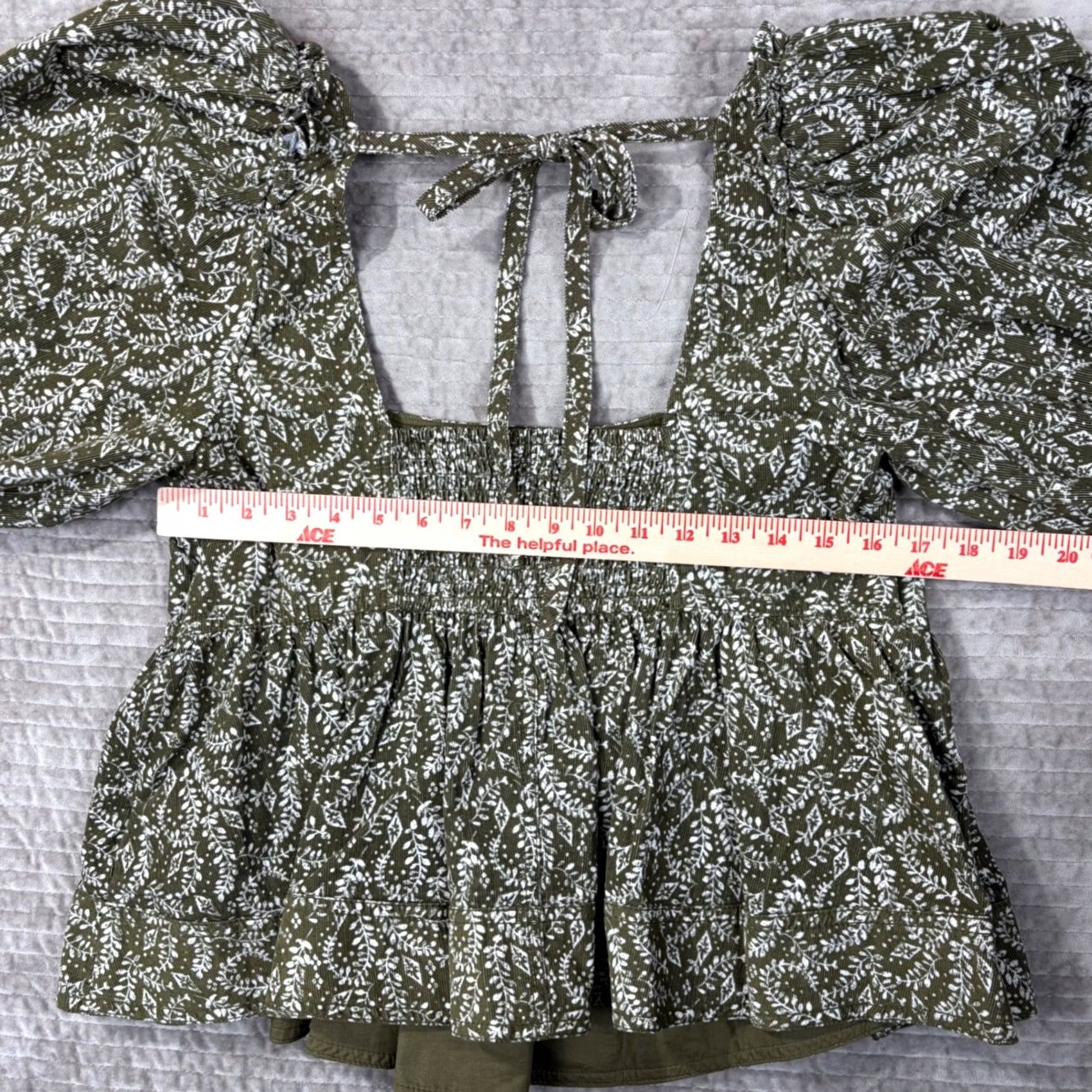 Vintage Pilcro Anthropologie Corduroy Peplum Top Olive Green Floral Puff Sleeve Large Size L / US 10 / IT 46 - 5 Thumbnail