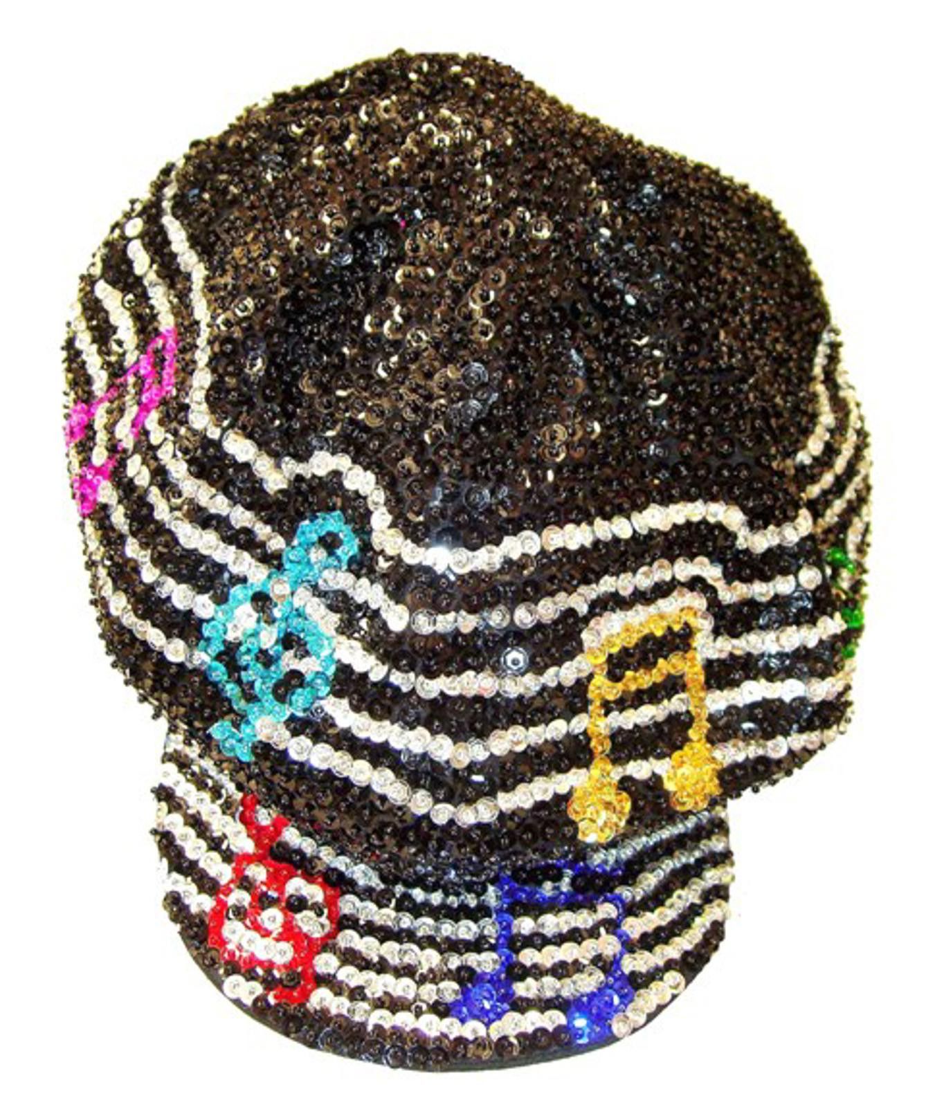 Designer Sequin Beaded Brando Cap Black w/ Color Music notes Size ONE SIZE - 1 Preview