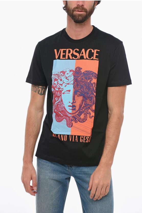 image of Versace Crew Neck Medusa Cotton T-Shirt With Maxi Print in Black, Men's (Size Medium)