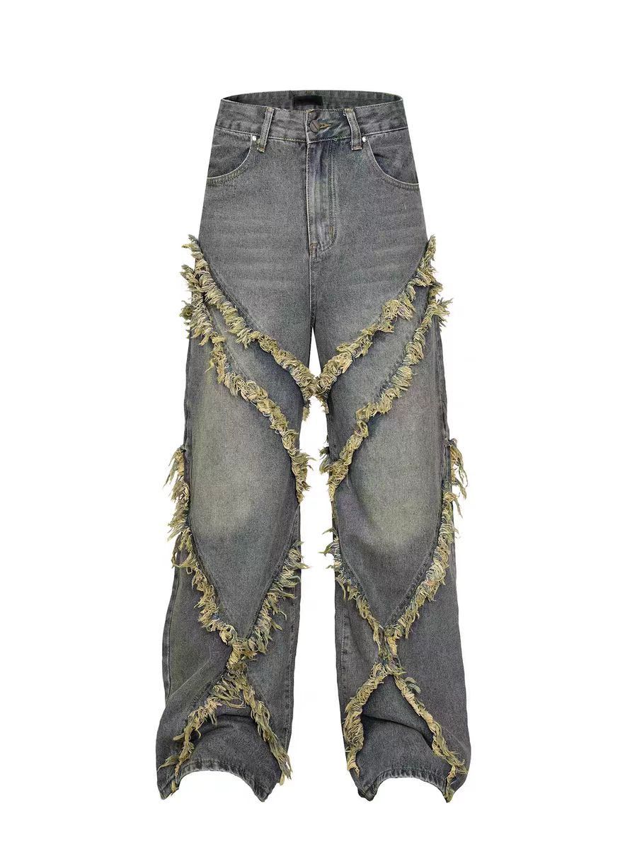 Japanese Brand × Jean Vintage fringe patchwork design wide leg baggy jeans Size US 34 / EU 50 - 6 Thumbnail
