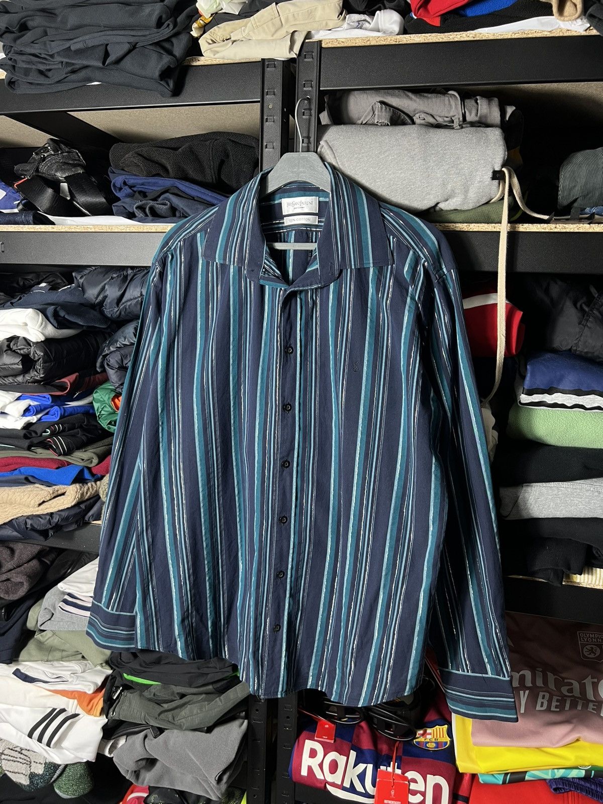 Yves Saint Laurent Yves Saint Laurent YSL Striped Button Up Shirt Navy Cotton Size US L / EU 52-54 / 3 - 1 Thumbnail