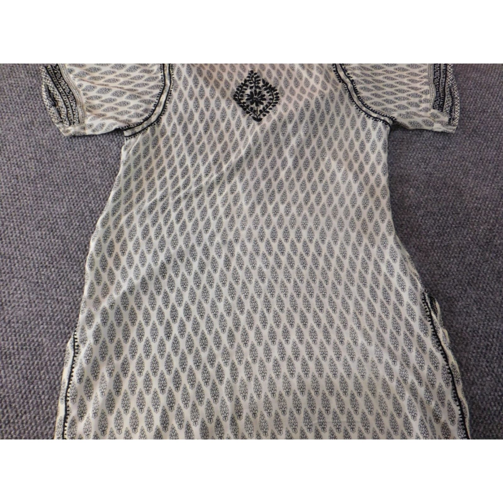 Vintage Al Jaber Gallery Dress Large Gray A-Line Dolman Sleeve Silk Polyester Midi Crew Neck Ruffle Geometric Pattern Women Regular Autumn Fall Vintage: No Size L / US 10 / IT 46 - 7 Thumbnail