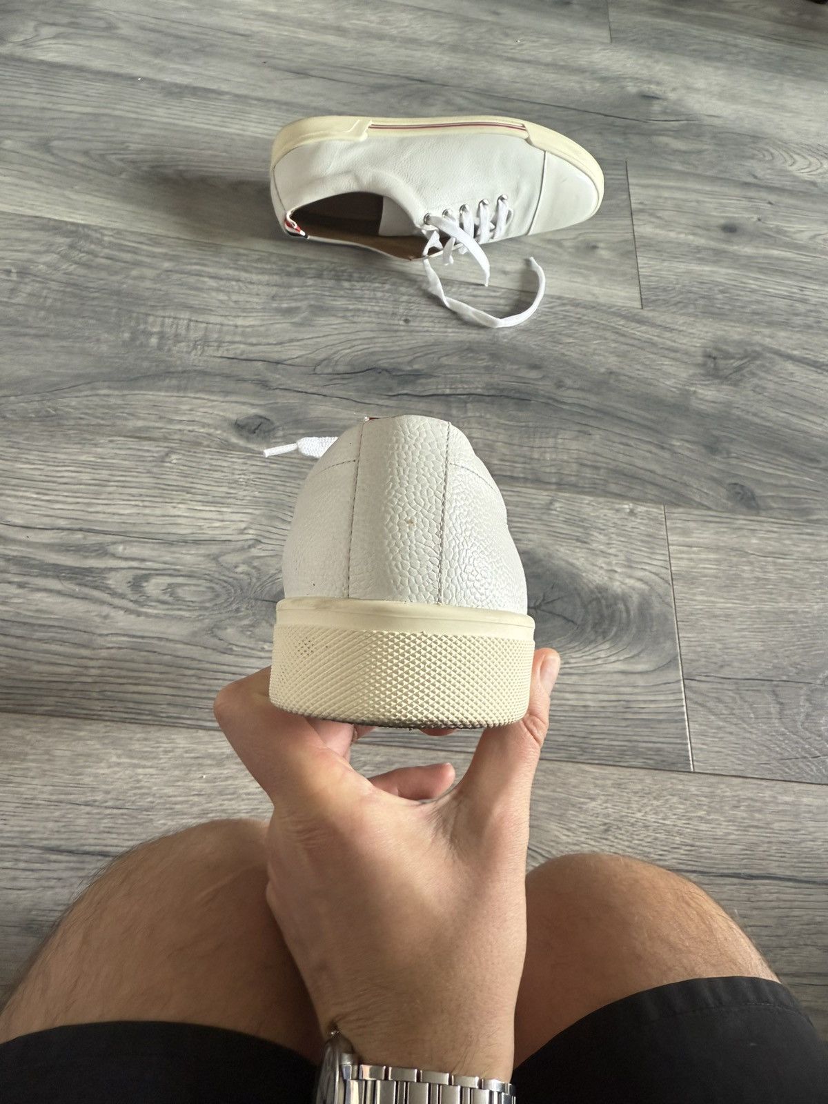 Thom Browne White Pebbled Leather Low-Top Sneakers Size US 7 / EU 40 - 4 Thumbnail