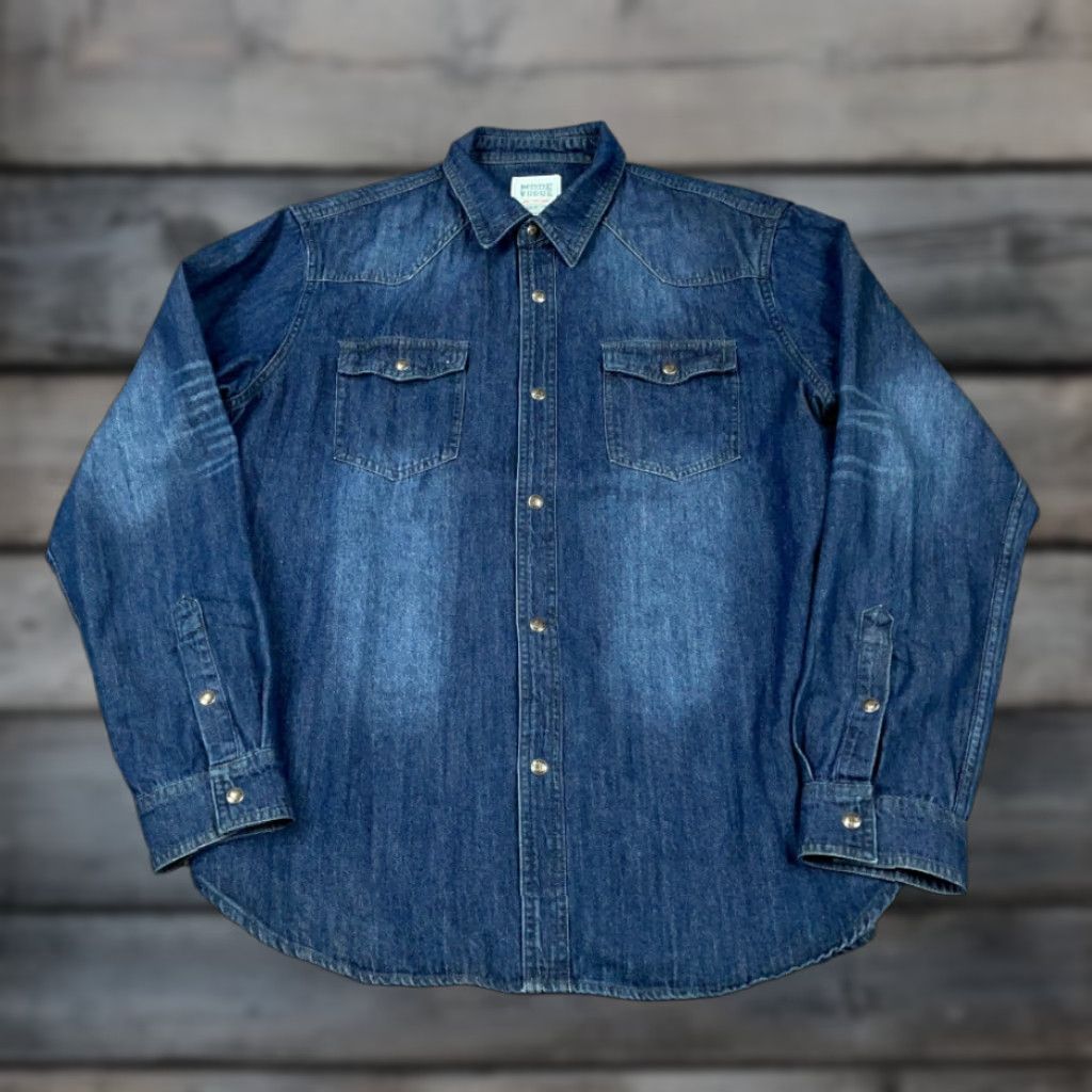 Denime Western Style Shirt Adult XL Dark Blue Denim Snap Button Rockabilly Workwear Size US XL / EU 56 / 4 - 1 Thumbnail