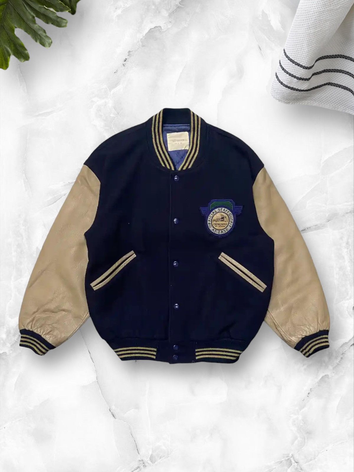 Japanese Brand × Vintage Vintage 80’s At-Ease Japan Staff Wool Leather Varsity Jacket Size US XL / EU 56 / 4 - 2 Thumbnail