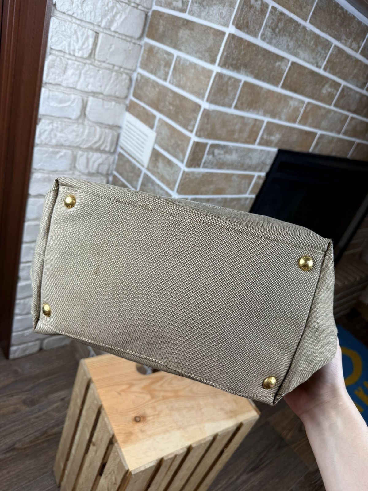 Prada Prada Brown Logo Jacquard Canvas Mettalic Gold Handle Bag Size ONE SIZE - 9 Thumbnail