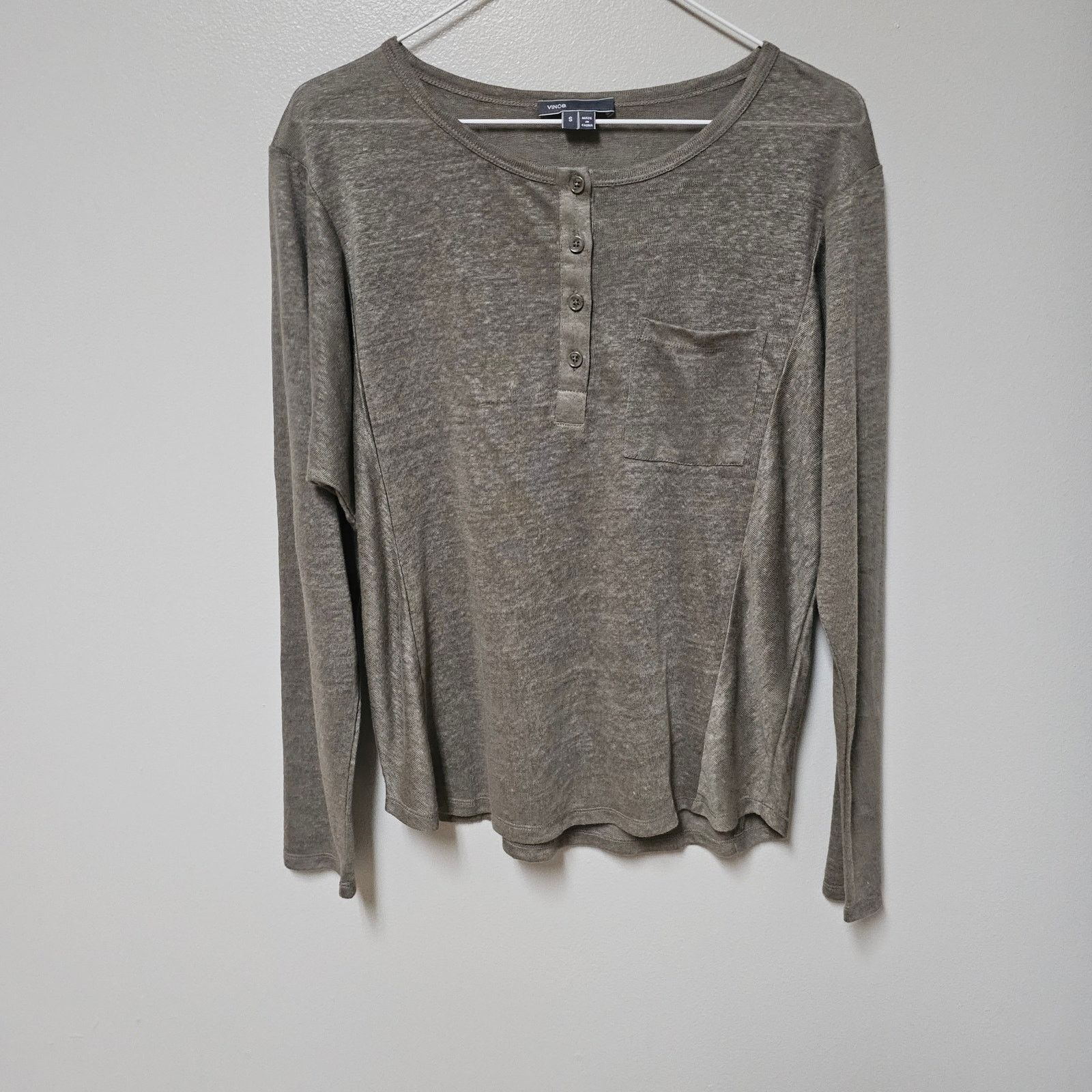 Vince VINCE Women's 100% Linen Taupe Pullover Henley Size S/P Size S / US 4 / IT 40 - 1 Thumbnail