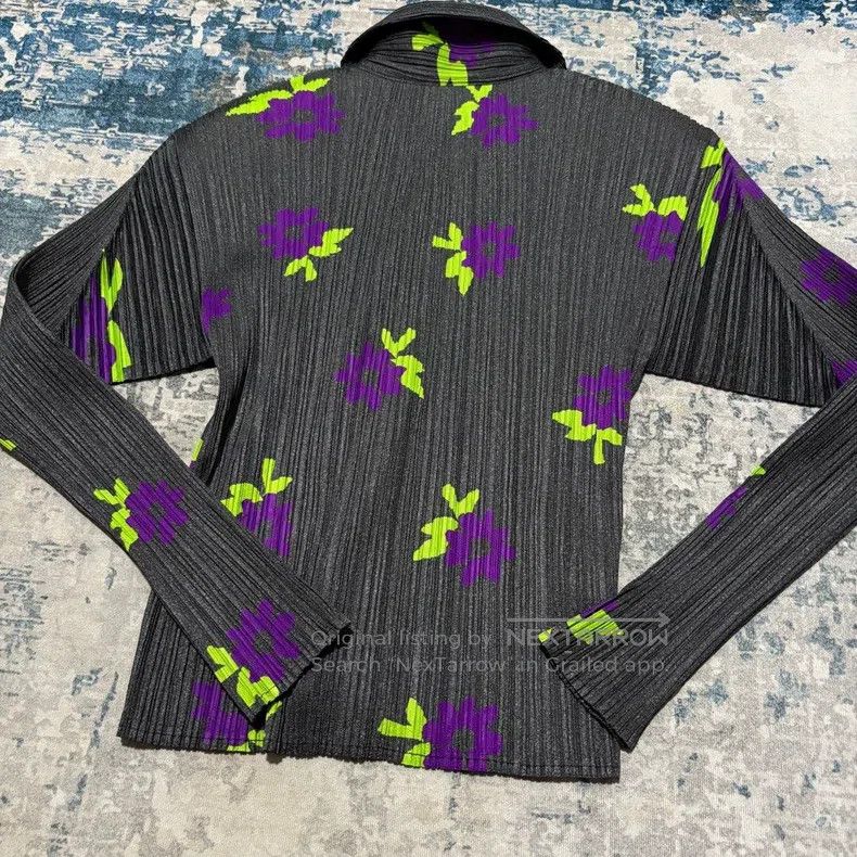 Issey Miyake Issey Miyake Pleated Long Sleeve Top, Purple Green Floral Size S / US 4 / IT 40 - 3 Thumbnail
