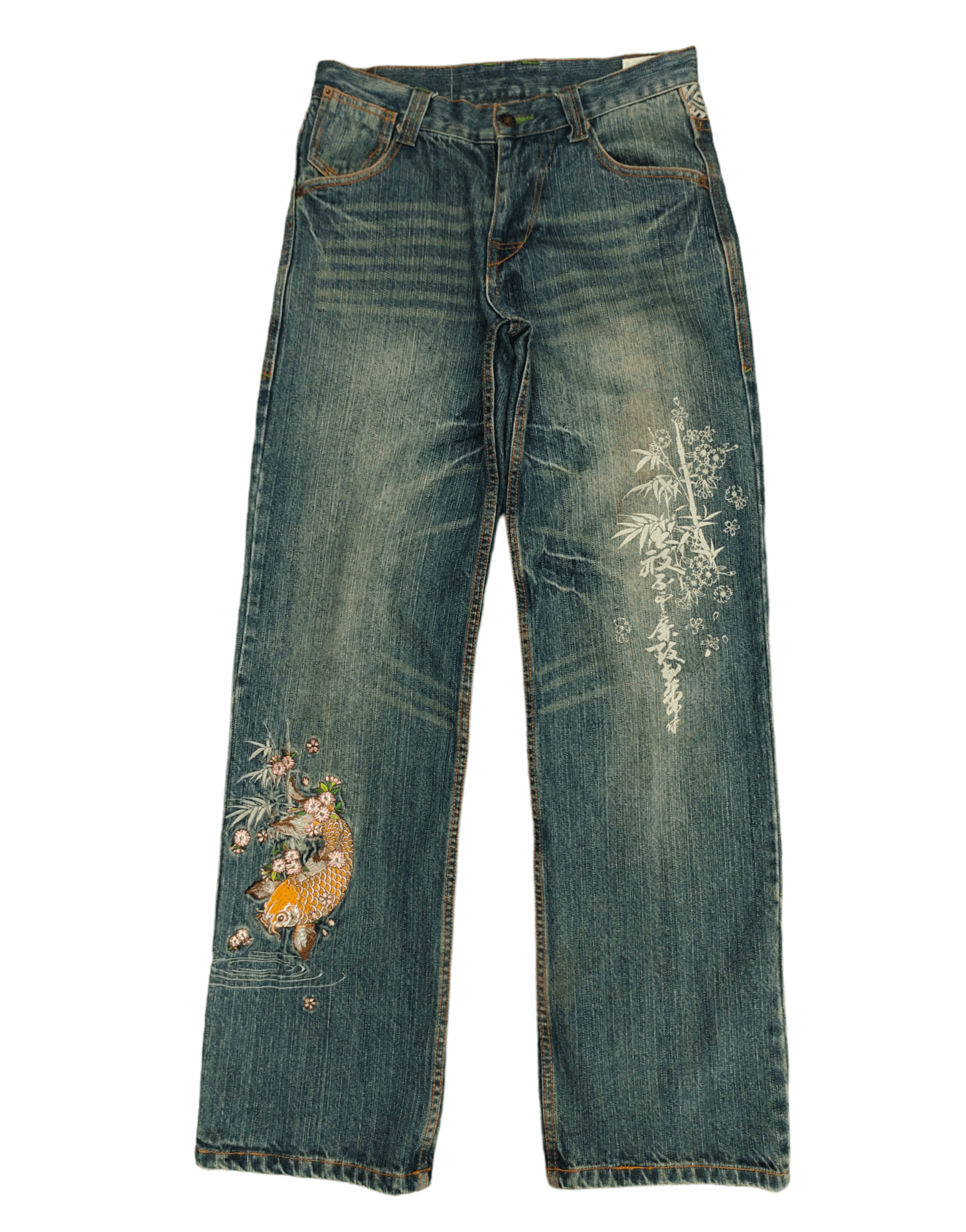 image of Vintage Japanese Sukajan Koi Embroidered Denim Jeans Karakuri Y2K, Men's (Size 30)