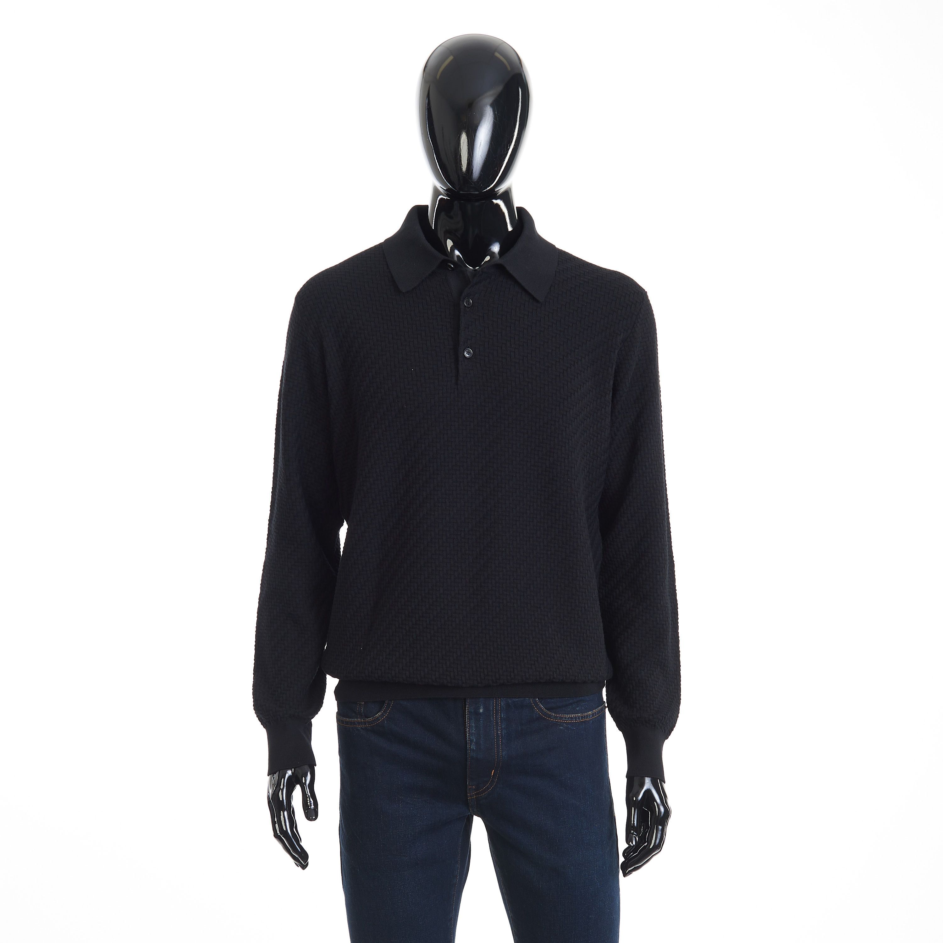 Brioni Black Cotton, Silk And Cashmere Trama Weave Polo Sweater Size US M / EU 48-50 / 2 - 8 Thumbnail