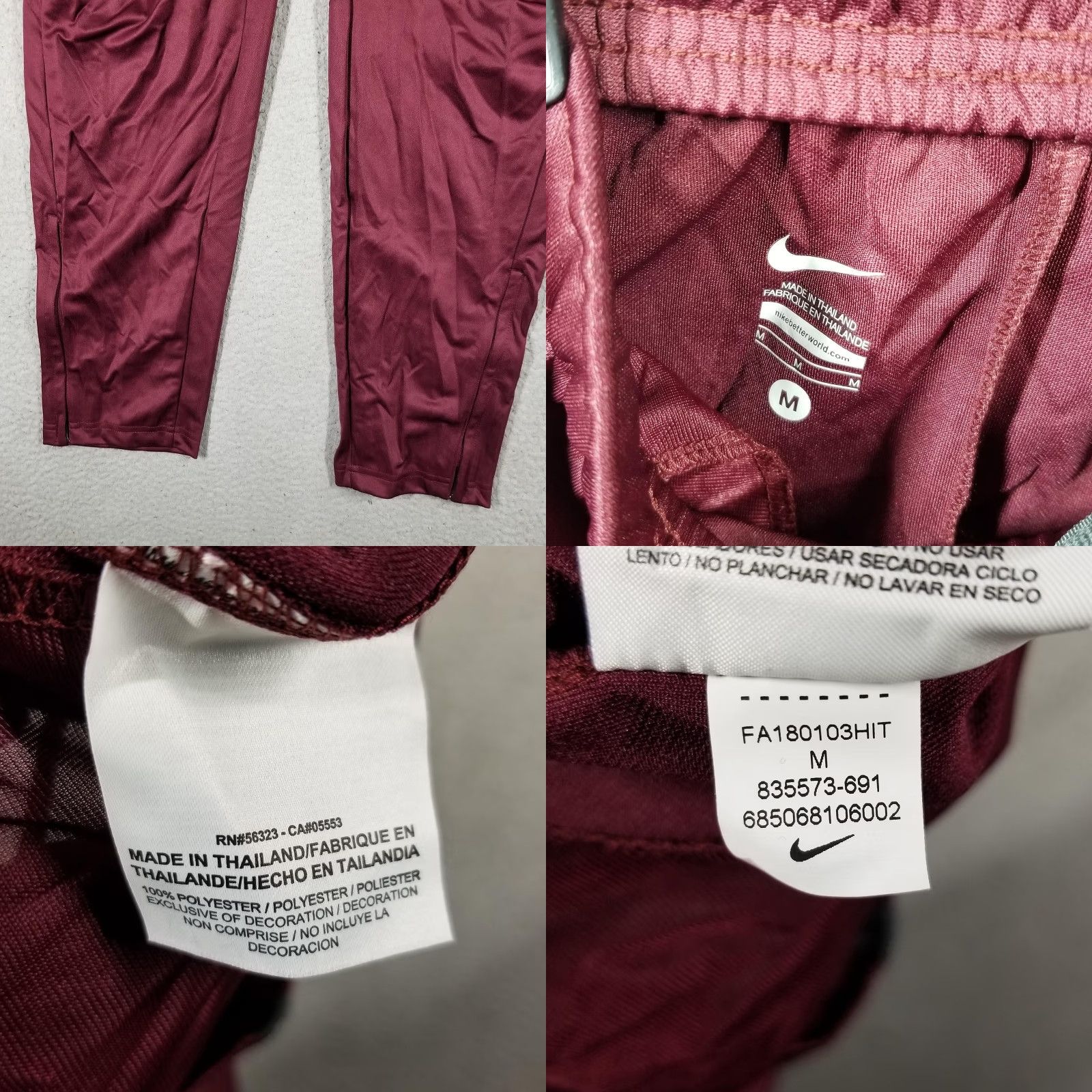 Nike Nike Track Pants Mens Medium Maroon Tapered Zip Ankle Joggers 835573-691 Size US 31 - 8 Thumbnail