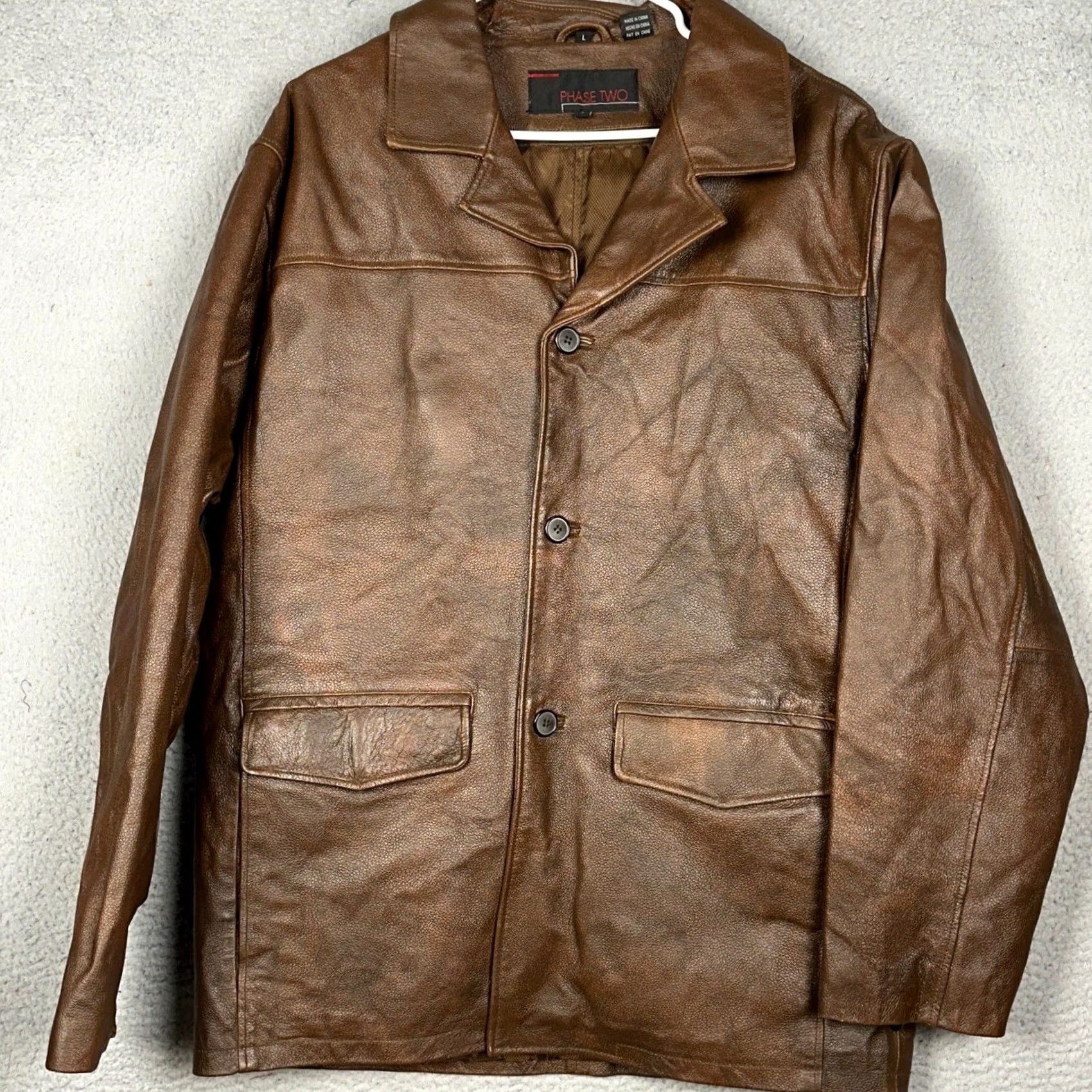 Vintage Phase Two Leather Jacket Mens Large Brown Car Coat Button Front Collared Pockets Size US L / EU 52-54 / 3 - 2 Thumbnail