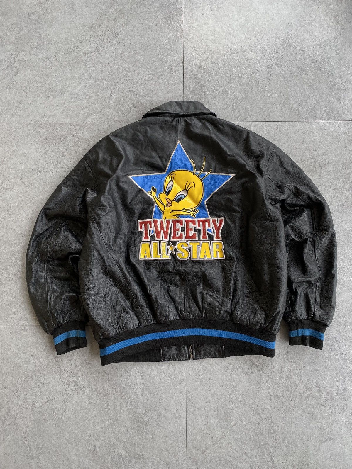 image of Vintage Tweety Leather Jacket in Black, Men's (Size Large)