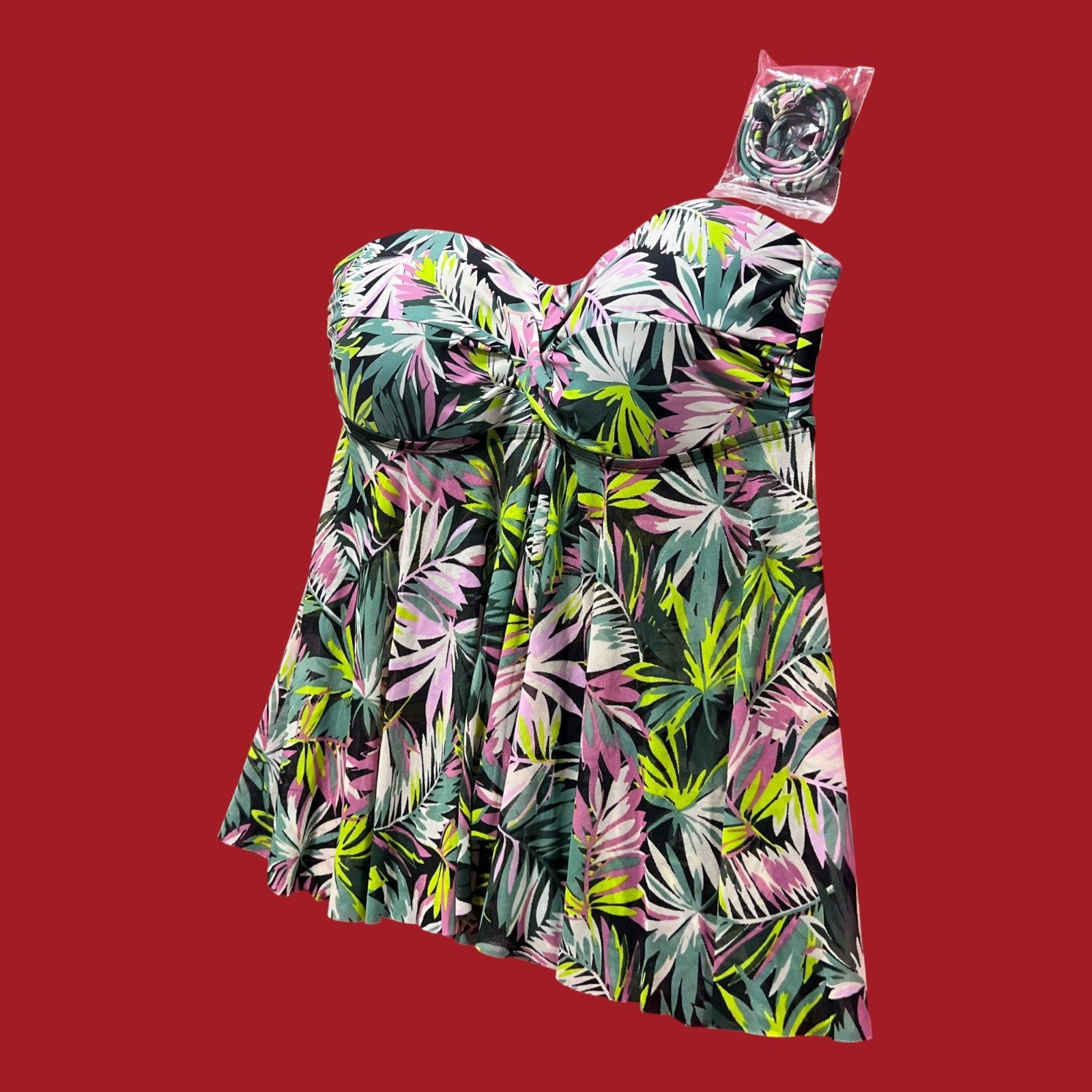 Other Kona Sol -Women's Tropical Leaf Print Flyaway Bandeau Tankin Size ONE SIZE - 16 Thumbnail