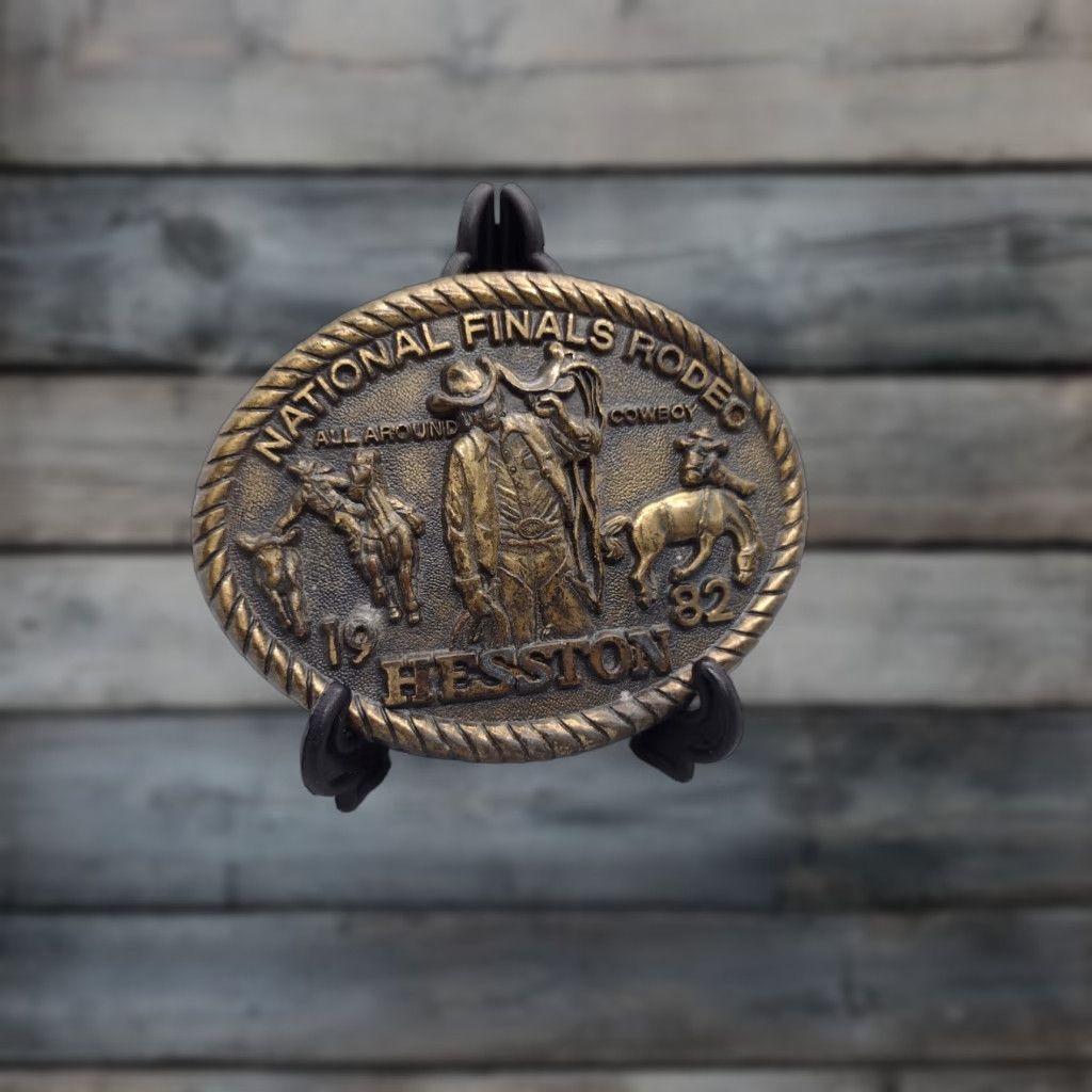 Vintage VINTAGE Hesston National Finals Rodeo Belt Buckle 1982 NFR Cowboy Western 1.75 in Men Adult Brass Size ONE SIZE - 1 Thumbnail