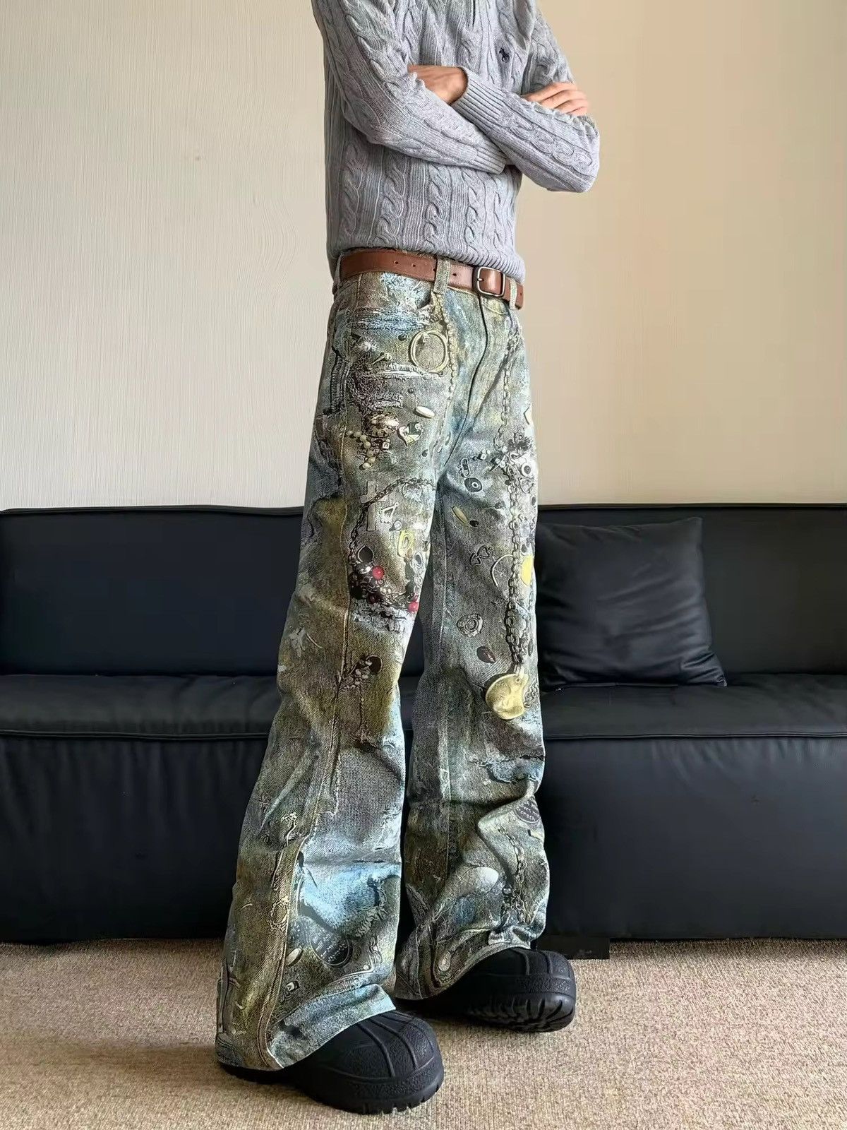 Designer Design Printing Straight Loose Jeans Pants Size US 31 - 4 Thumbnail
